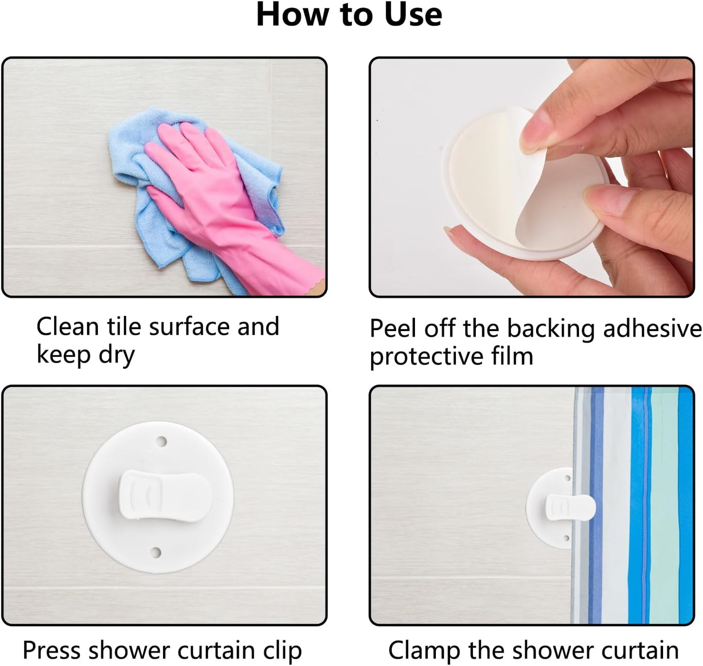Shower Curtain Clips - 6 Pack - Self-Adhesive - Shower Splash Clips - For Curtains - Shower Curtains - Weighted Clips - Secure Shower Curtains and Curtains