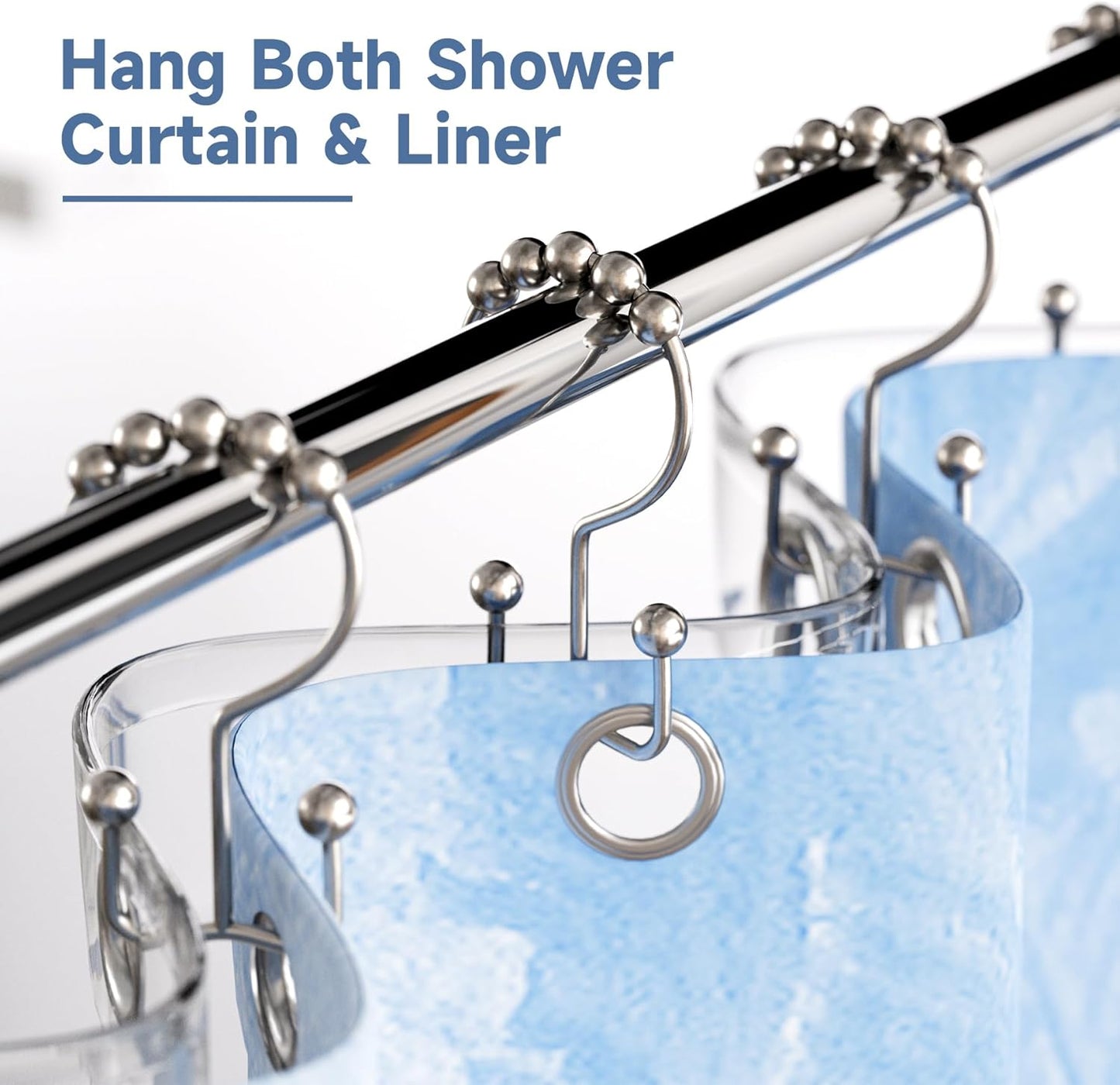 Shower Curtain Hooks - Stainless Steel - Metal - Double Sliding Clasp - Shower Curtain Rings - Suitable for Bathrooms - Double Shower Curtains - Shower Curtains - 12-pack - Nickel-coloured