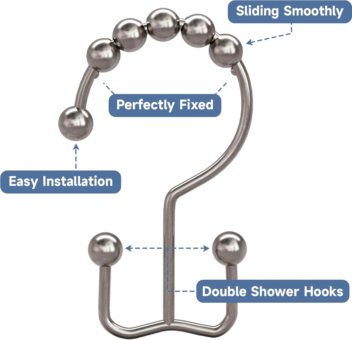 Shower Curtain Hooks - Stainless Steel - Metal - Double Sliding Clasp - Shower Curtain Rings - Suitable for Bathrooms - Double Shower Curtains - Shower Curtains - 12-pack - Nickel-coloured