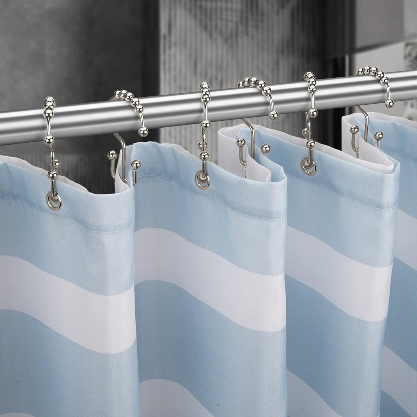 Shower Curtain Hooks - Stainless Steel - Metal - Double Sliding Clasp - Shower Curtain Rings - Suitable for Bathrooms - Double Shower Curtains - Shower Curtains - 12-pack - Nickel-coloured