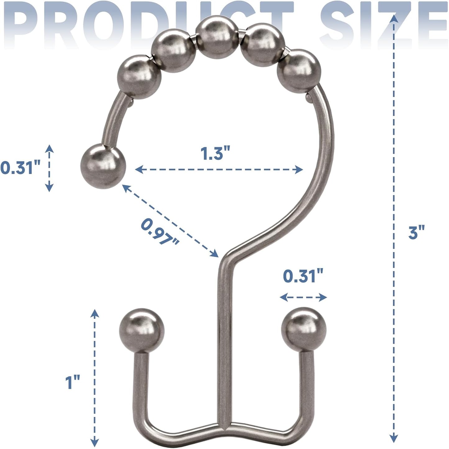 Shower Curtain Hooks - Stainless Steel - Metal - Double Sliding Clasp - Shower Curtain Rings - Suitable for Bathrooms - Double Shower Curtains - Shower Curtains - 12-pack - Nickel-coloured