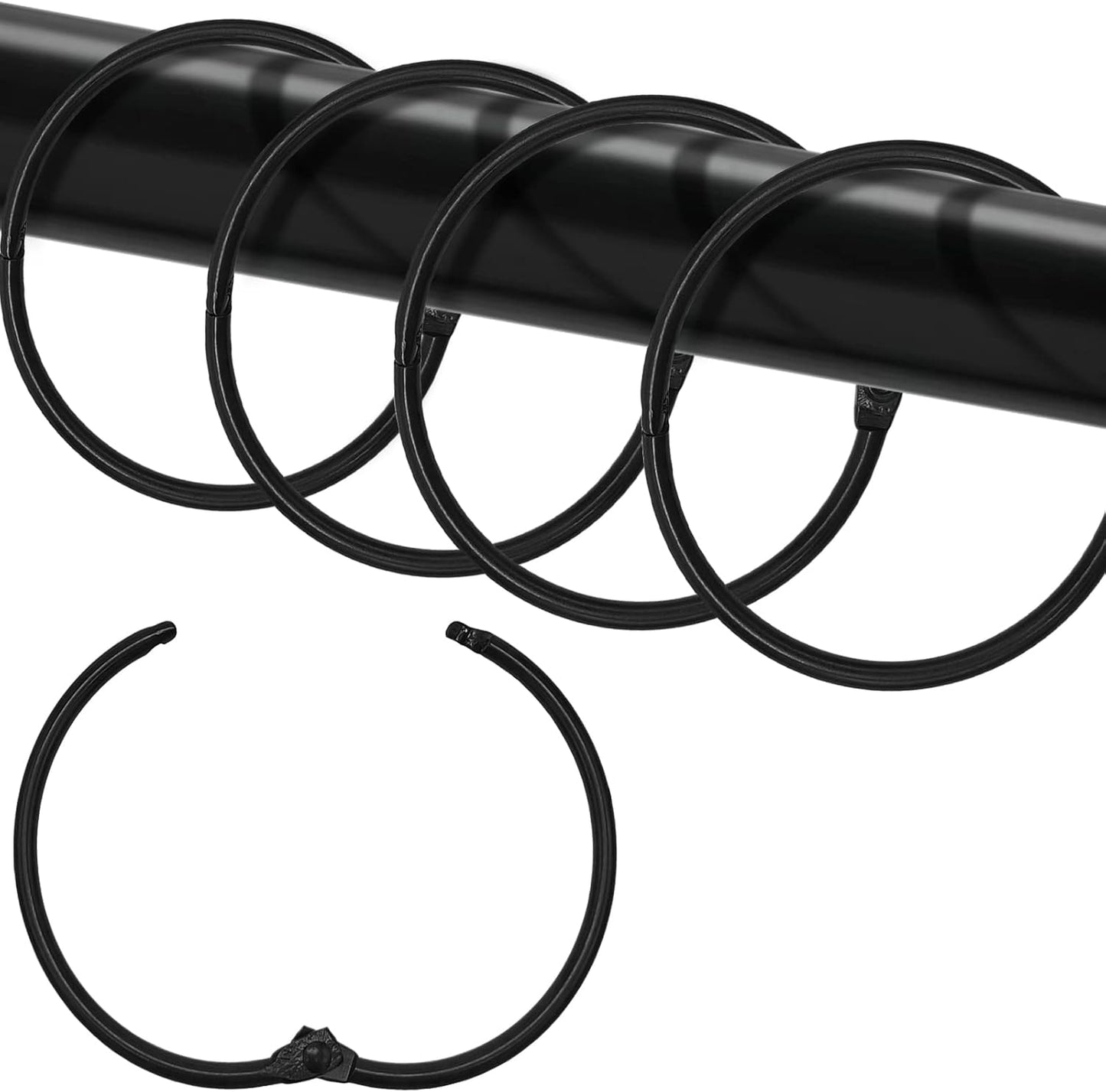 Shower Curtain Hooks - 24-pack - Stainless Steel - Multifunctional - Open Rings - Smooth Sliding - Round - Black - Shower Curtain Rings - Push Button Design