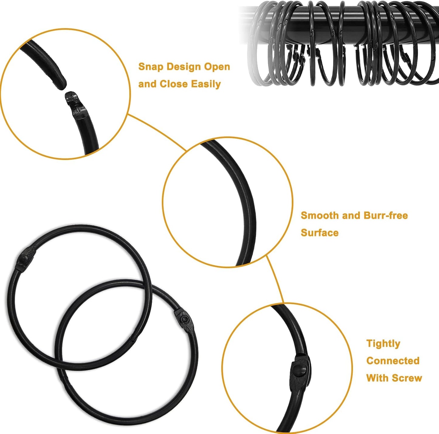 Shower Curtain Hooks - 24-pack - Stainless Steel - Multifunctional - Open Rings - Smooth Sliding - Round - Black - Shower Curtain Rings - Push Button Design