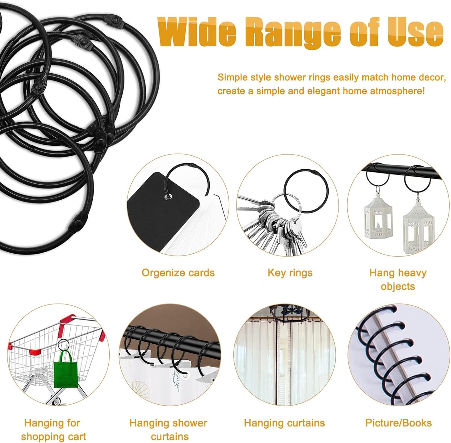 Shower Curtain Hooks - 24-pack - Stainless Steel - Multifunctional - Open Rings - Smooth Sliding - Round - Black - Shower Curtain Rings - Push Button Design