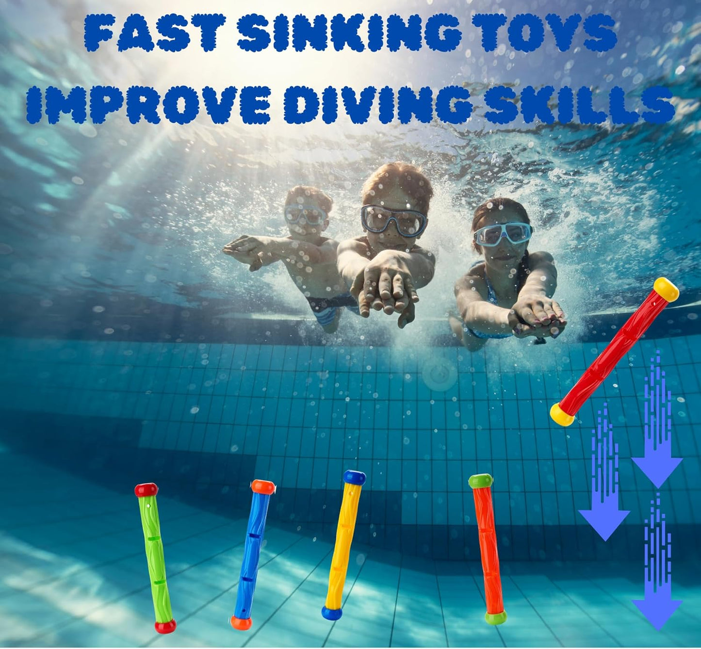 Diving stick - Dive toys - Kids' pool toys - Suitable for children aged 8-12 years - Pool toys - Colourful - Fast sinking - 5 colours