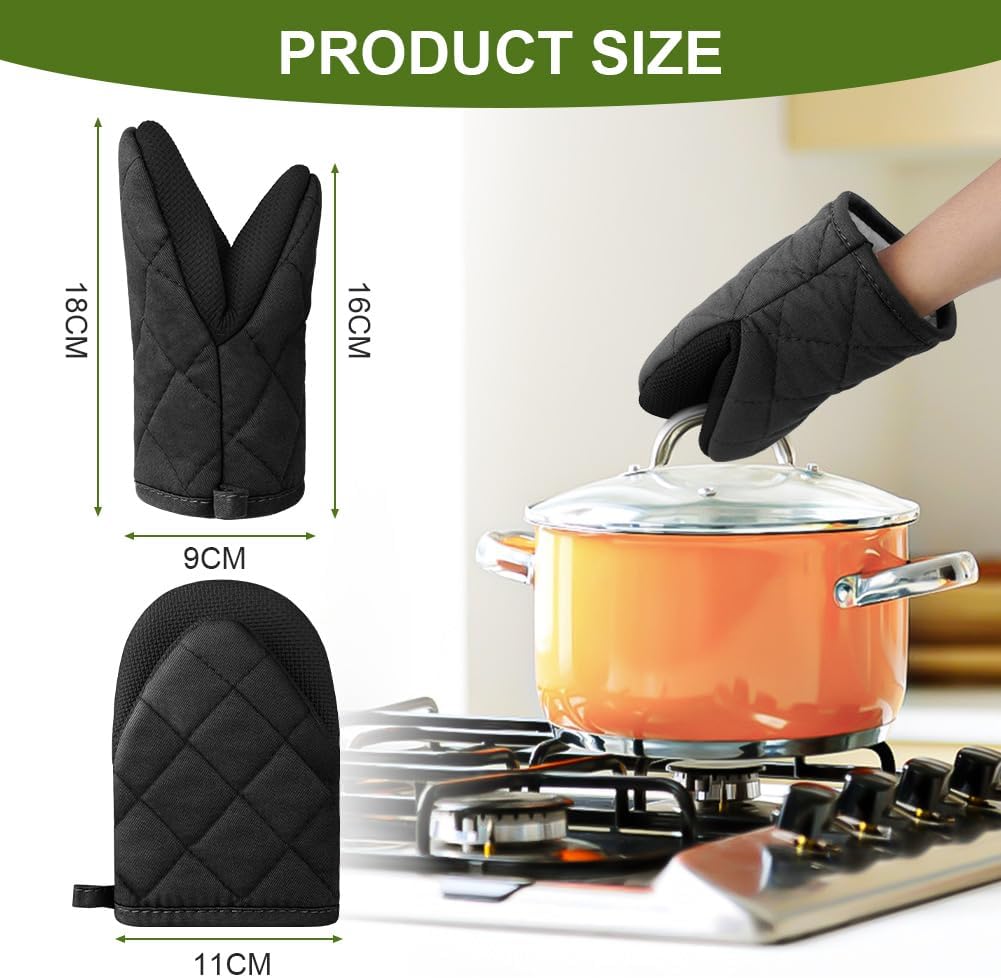 1 pair of short oven mitts made of neoprene cotton - black - with non-slip surface and hanging loop - suitable for cooking, baking and grilling