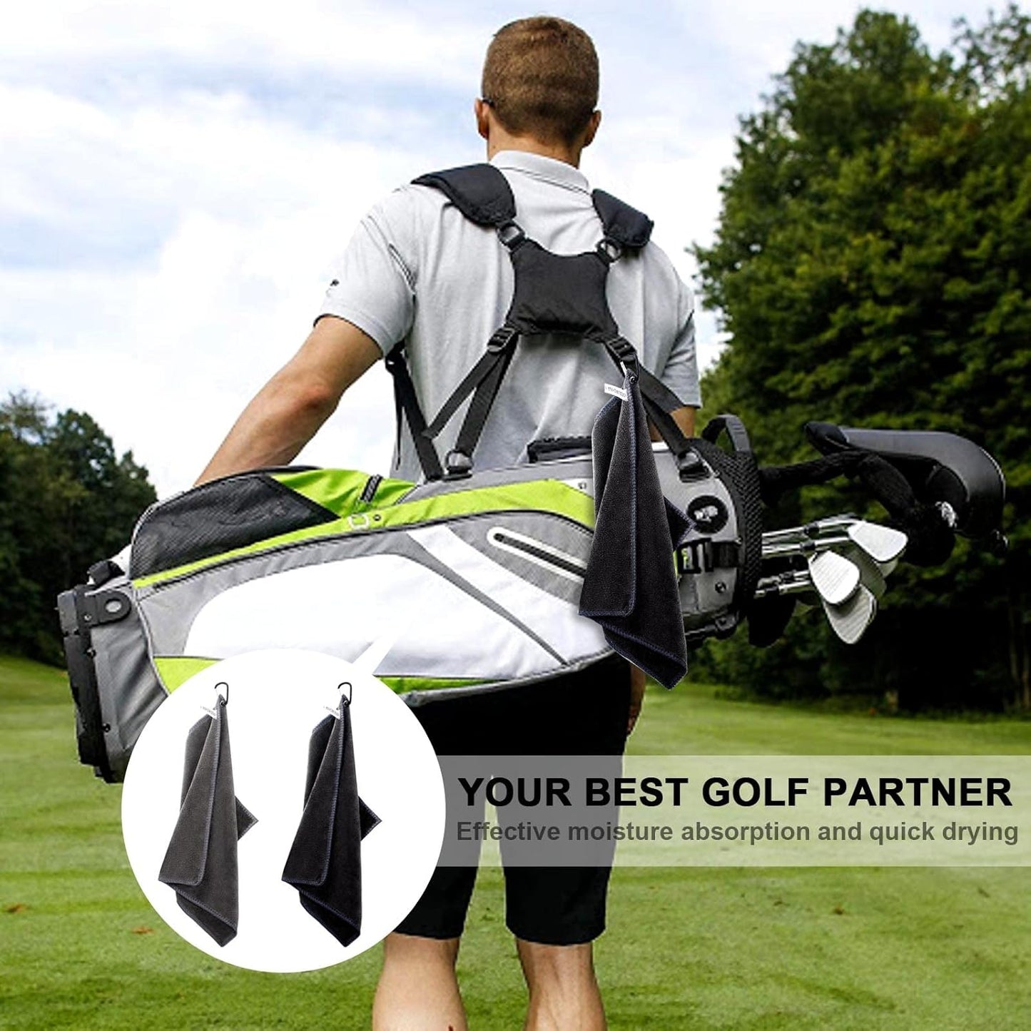 2 pieces golf towels- absorbent cleaning towels- multifunctional towels with carabiner for golf bags- fitness- sport- outdoor- yoga (2 colours)- black