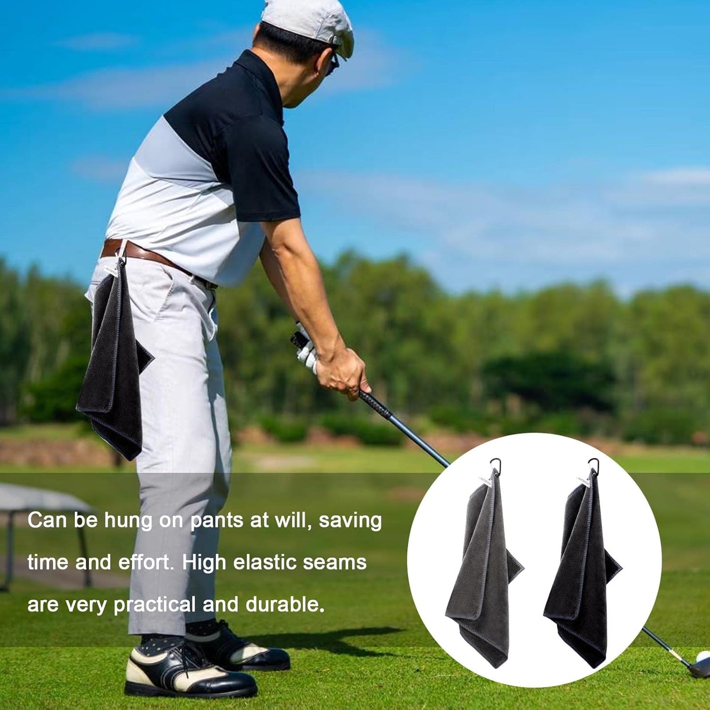 2 pieces golf towels- absorbent cleaning towels- multifunctional towels with carabiner for golf bags- fitness- sport- outdoor- yoga (2 colours)- black