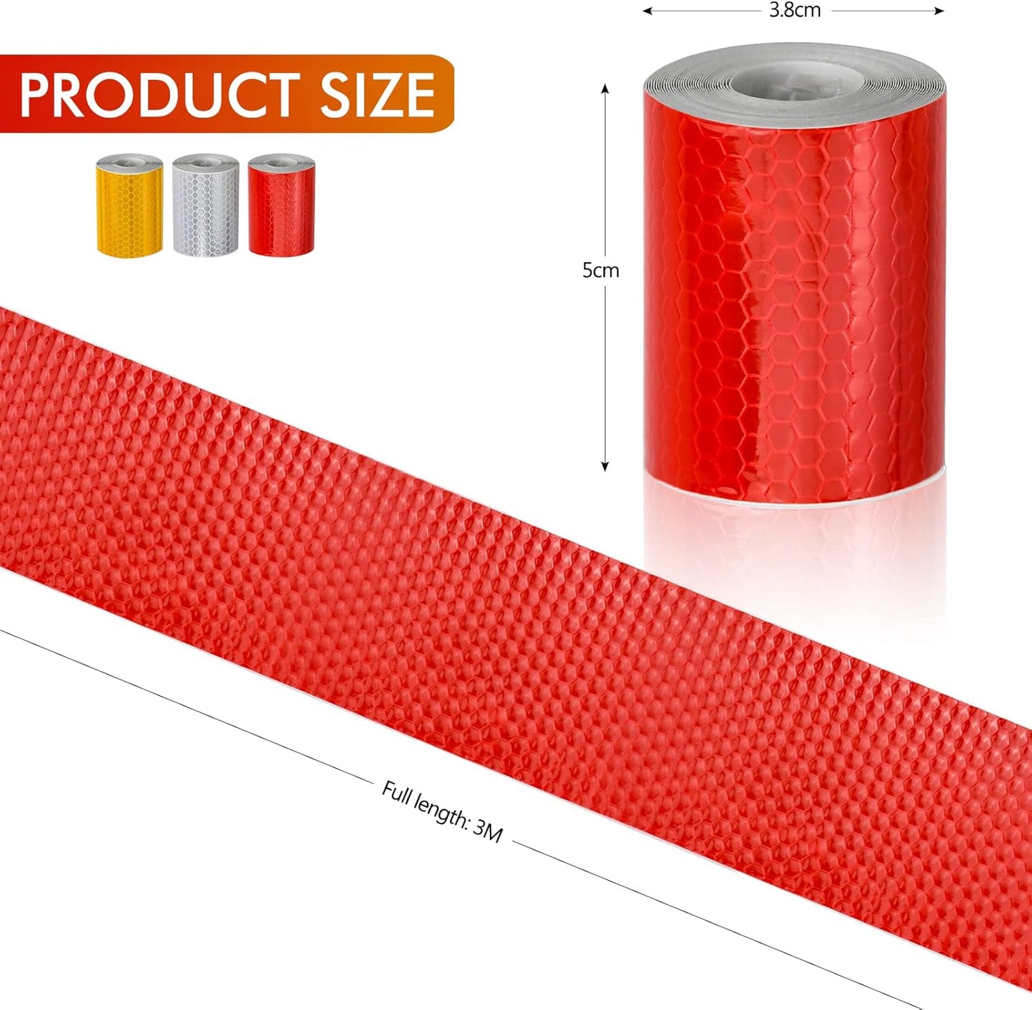 Reflective tape stickers - 3 rolls - White, yellow, red - Reflective tape - Safety warning strips - Traffic signs - Reflective signs - Stickers - 5 cm * 3 m