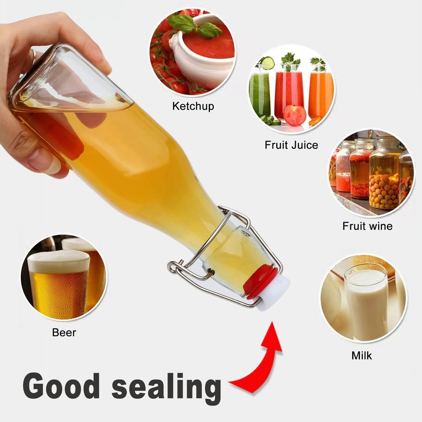 Clip-on glass storage bottle with lid for brewing beer, wine, spices, drinks, oil, vinegar, kombucha and water