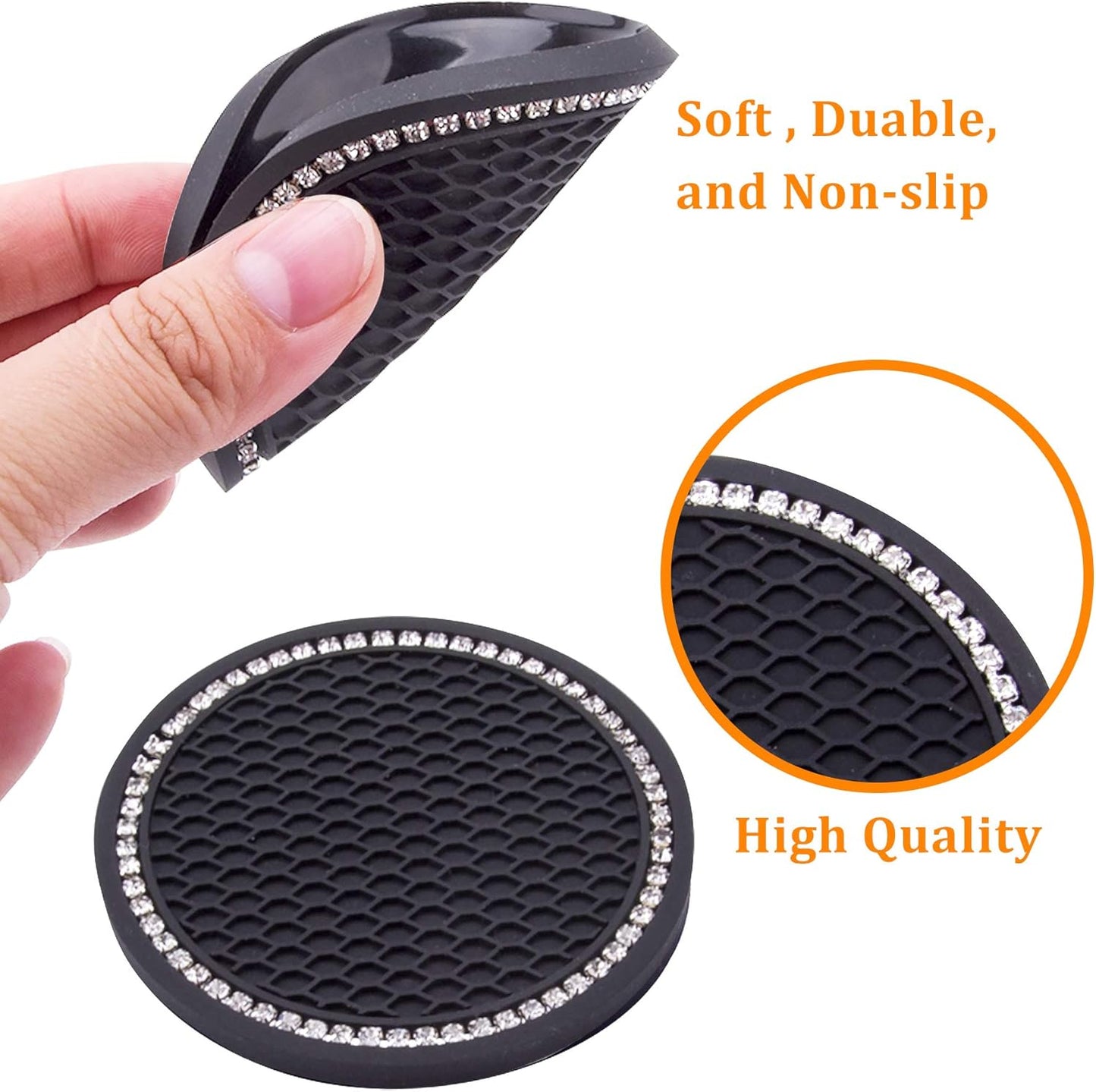 Nice car coasters 2 pieces Universal car cup holder inserts Coasters 2-75 inch Silicone non-slip sparkling crystal diamond Car accessories for women and ladies (black background with white diamonds)