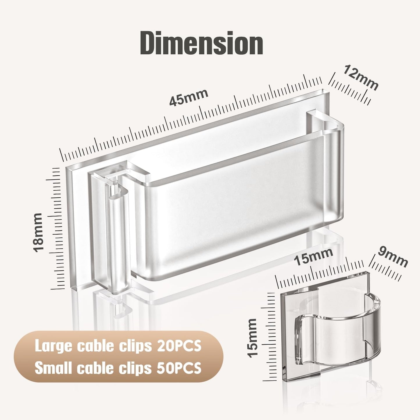 70 self-adhesive cable clips - 50 small + 20 large self-adhesive cable organizers - plastic cable organizer clips for organizing cables on the wall - on the desk and in the home office (clear)