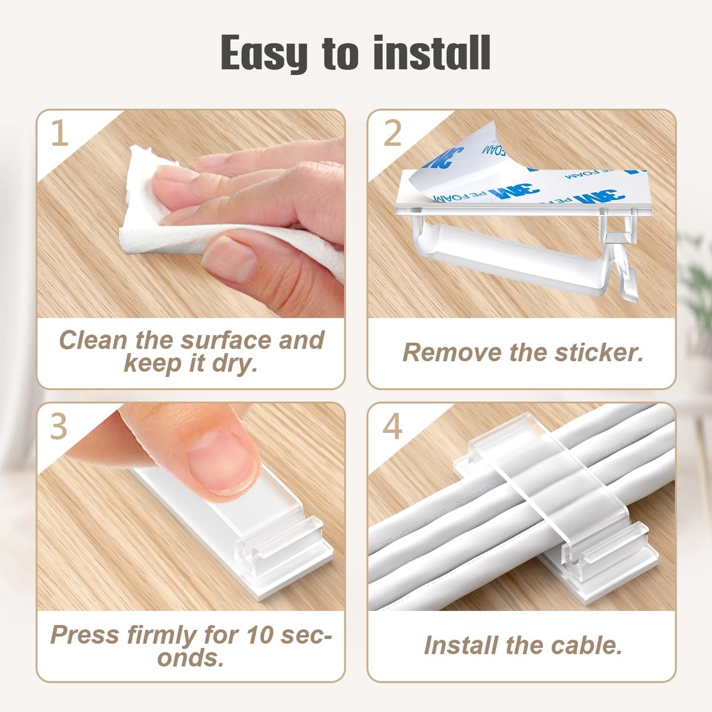 70 self-adhesive cable clips - 50 small + 20 large self-adhesive cable organizers - plastic cable organizer clips for organizing cables on the wall - on the desk and in the home office (clear)