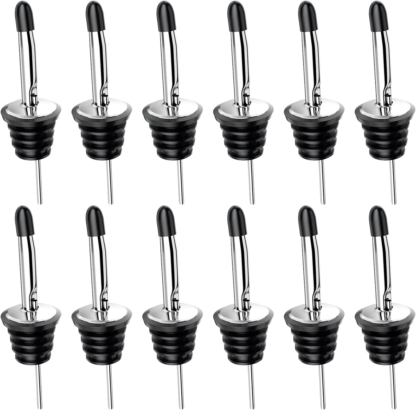 Wine bottle pourer - 12-pack stainless steel - quick bottle dispenser with conical spout and rubber dust cap for wine and spirits bottles