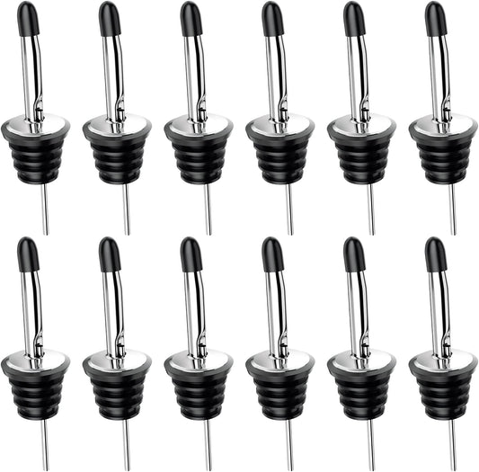 Wine bottle pourer - 12-pack stainless steel - quick bottle dispenser with conical spout and rubber dust cap for wine and spirits bottles