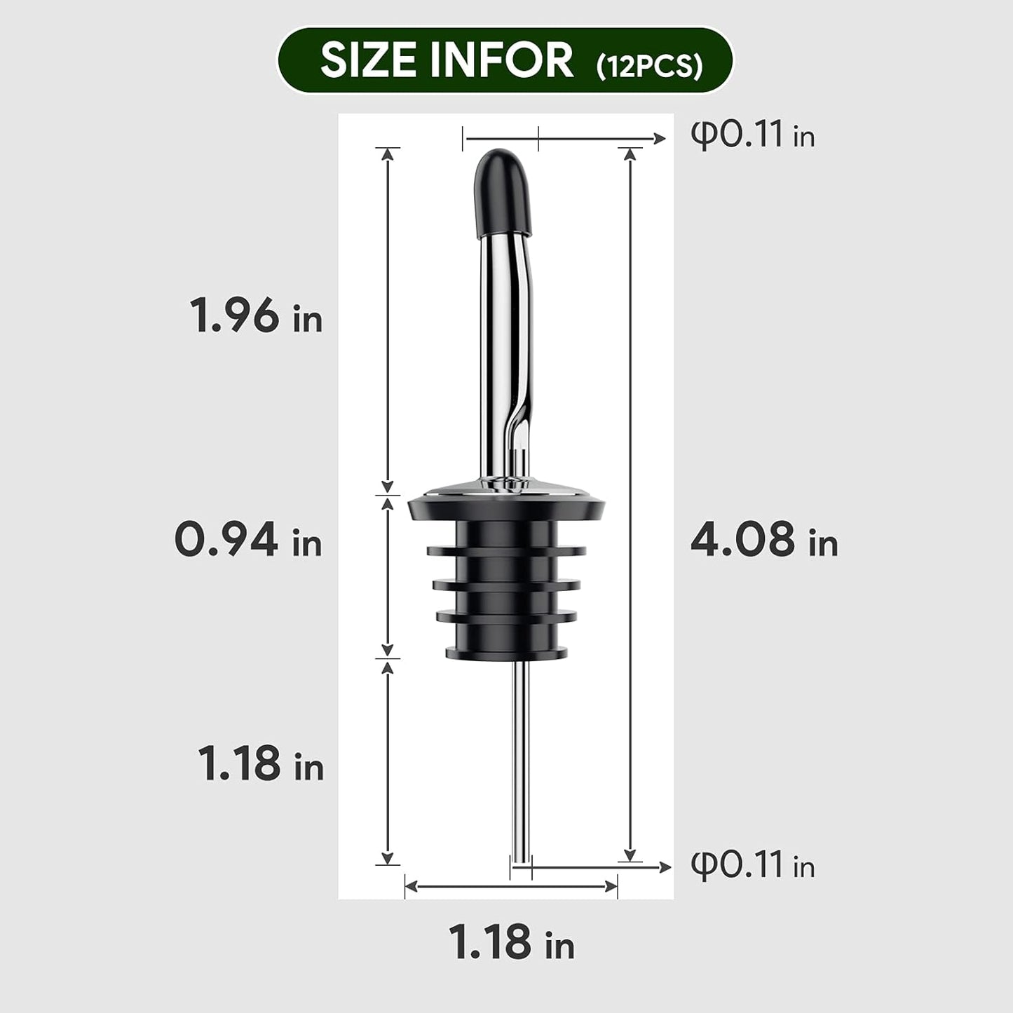 Wine bottle pourer - 12-pack stainless steel - quick bottle dispenser with conical spout and rubber dust cap for wine and spirits bottles