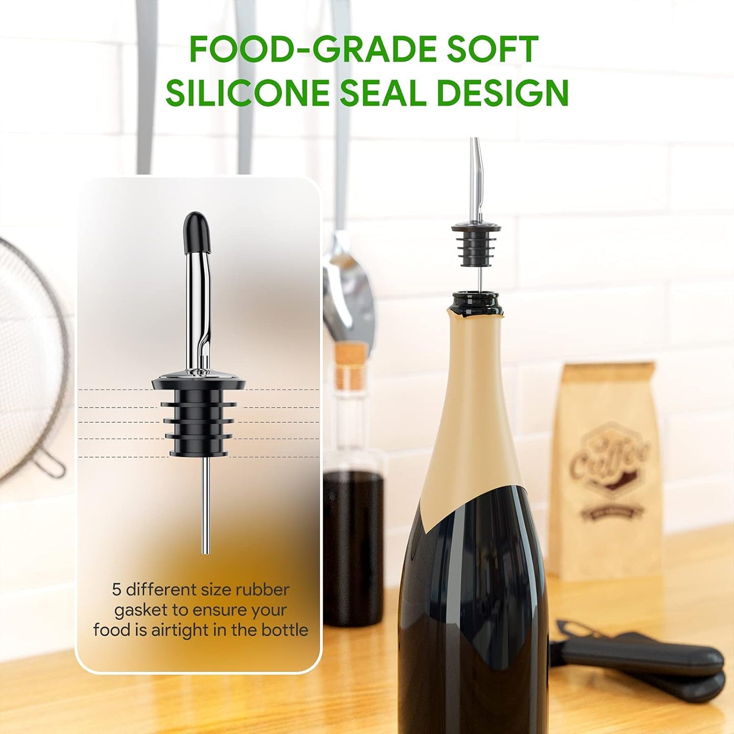 Wine bottle pourer - 12-pack stainless steel - quick bottle dispenser with conical spout and rubber dust cap for wine and spirits bottles