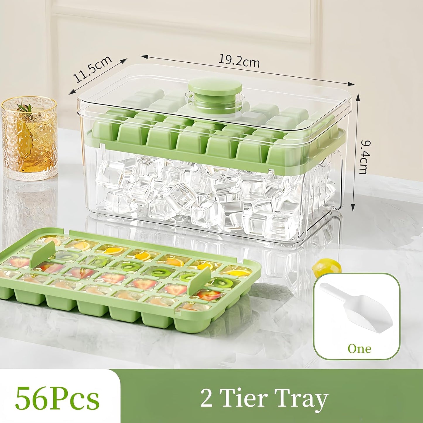 Ice Cube Trays - Ice Cube Tray with Lid and Container - 56 Ice Cube Molds - 2 Containers and Ice Scoop - BPA-free (Green)