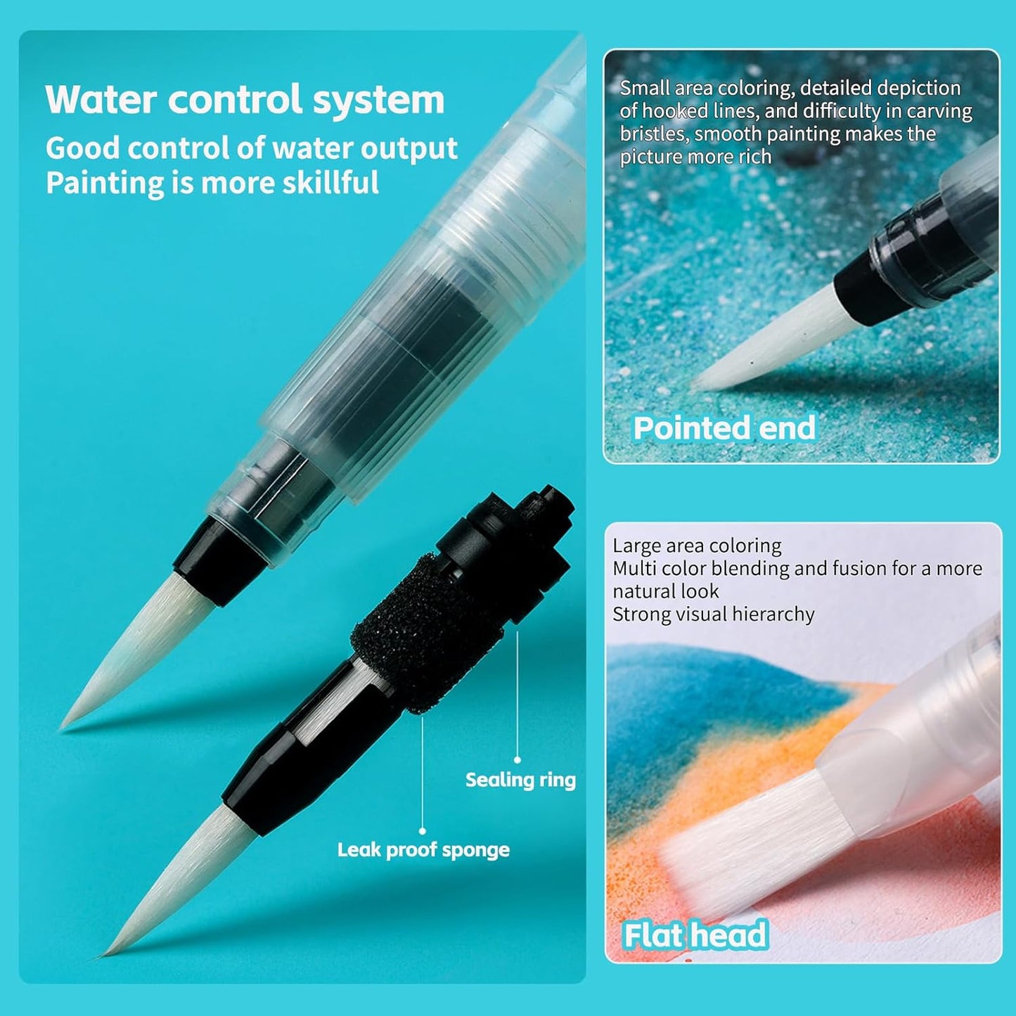 Refillable watercolour brush set: 6 watercolour brushes with refillable reservoirs - watercolour brushes with fine, medium and large tips for watercolour painting and sketching