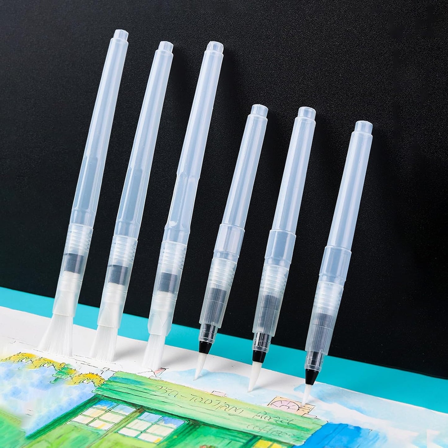 Refillable watercolour brush set: 6 watercolour brushes with refillable reservoirs - watercolour brushes with fine, medium and large tips for watercolour painting and sketching