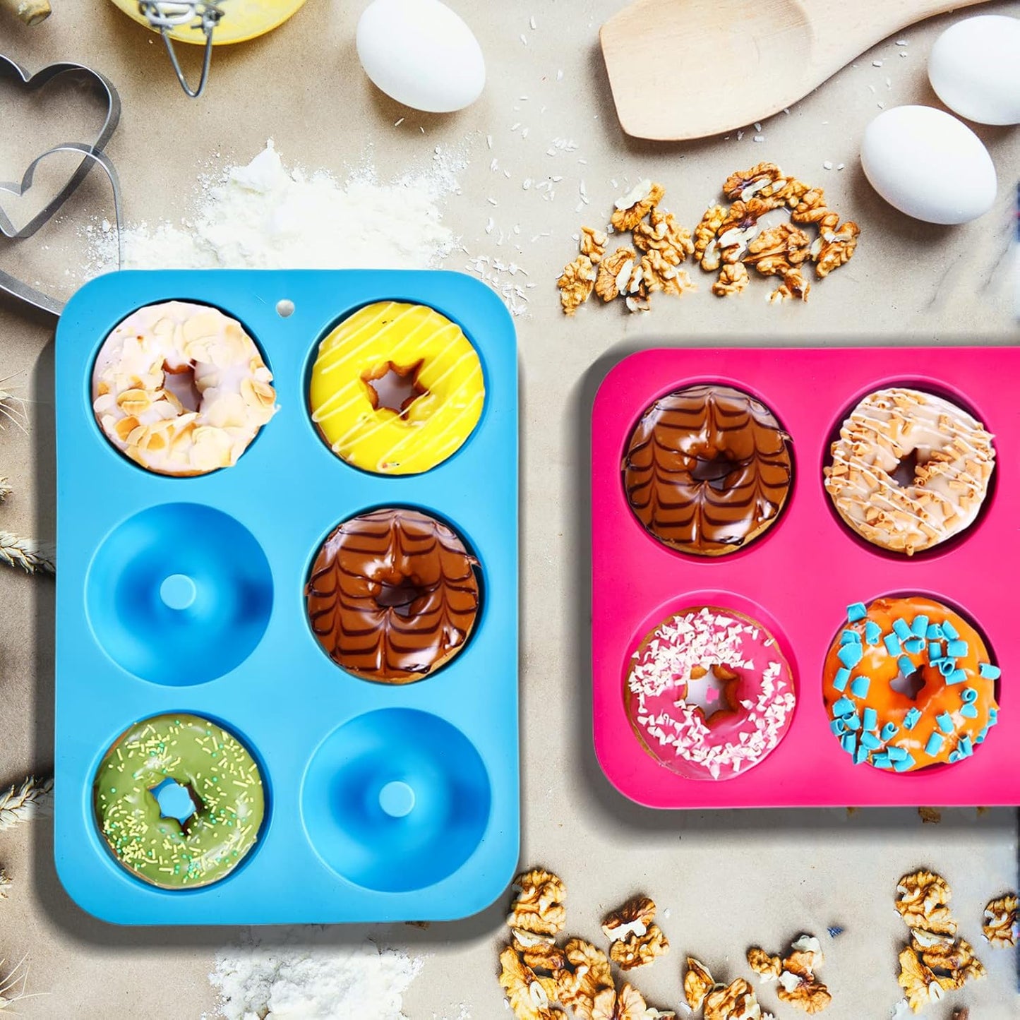 Silicone donut mould - 3-pack silicone donut mould - large non-stick tray with 6 cavities - donut mould - bagel baking mould - muffin-cupcake-cookie donut maker - baking equipment - baking tool - blue- red- green