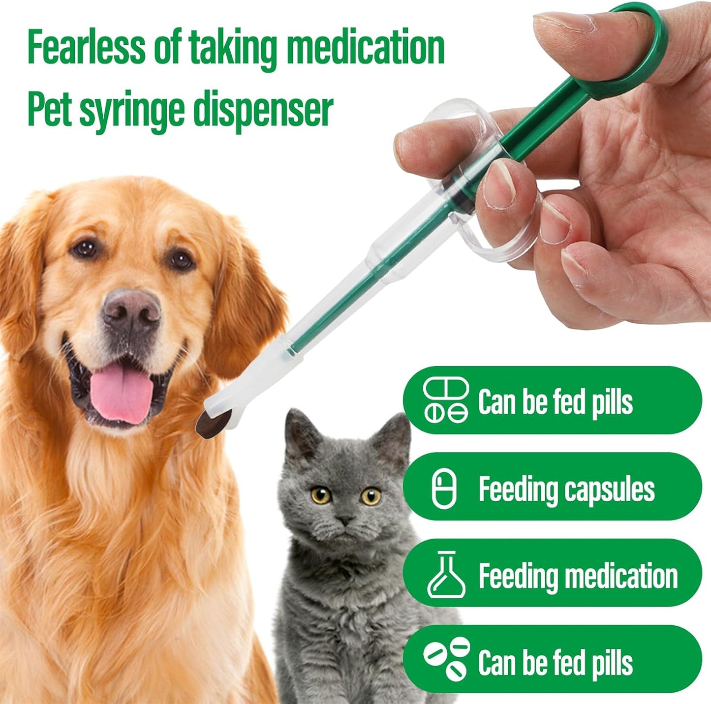 Two-piece set with pet pill poppers, cat pill poppers and cat pill dispensers. Reusable cat pill poppers. Green pill poppers with soft tips for safety and reliability. Handy for both cats and dogs.