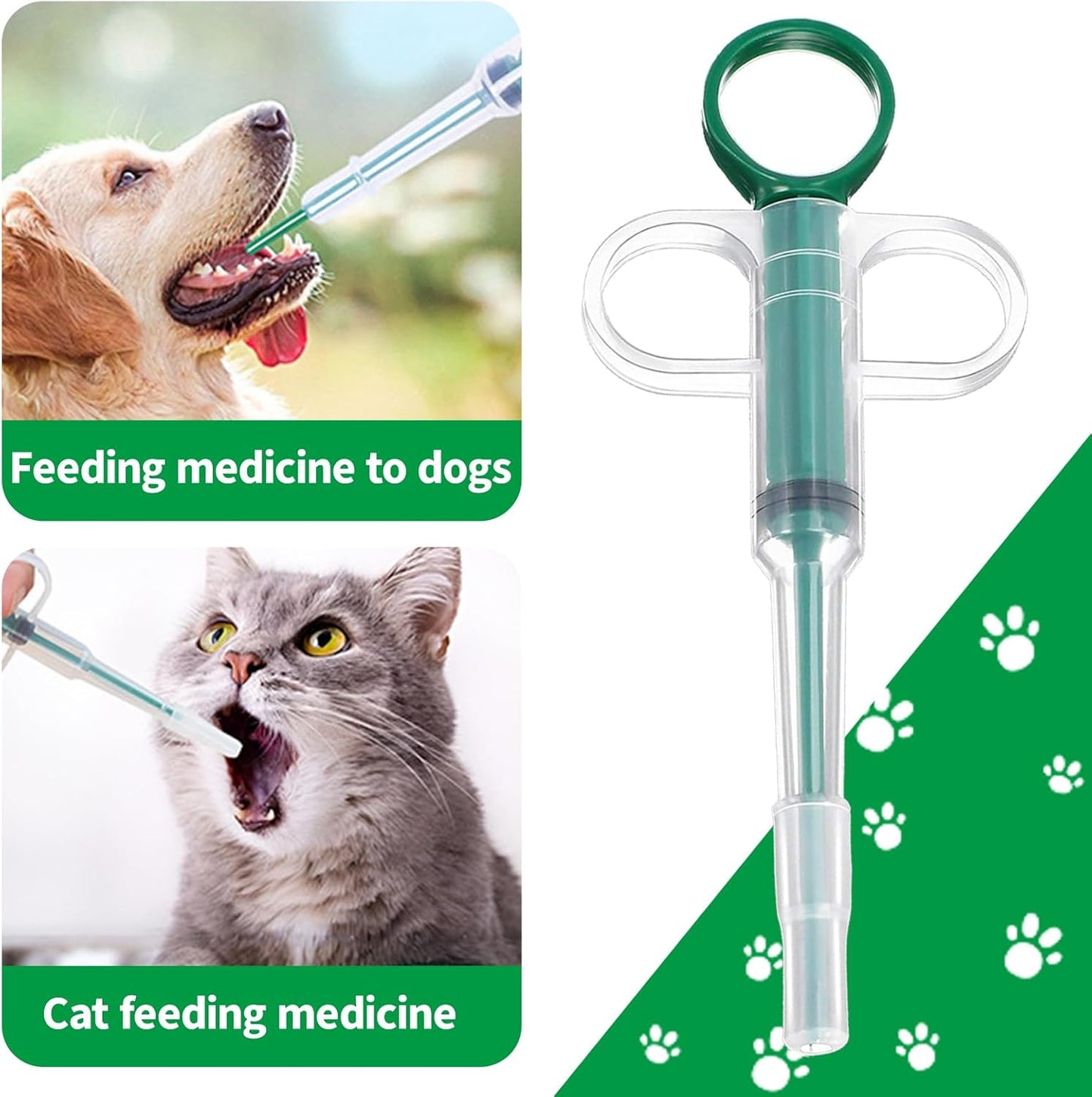 Two-piece set with pet pill poppers, cat pill poppers and cat pill dispensers. Reusable cat pill poppers. Green pill poppers with soft tips for safety and reliability. Handy for both cats and dogs.