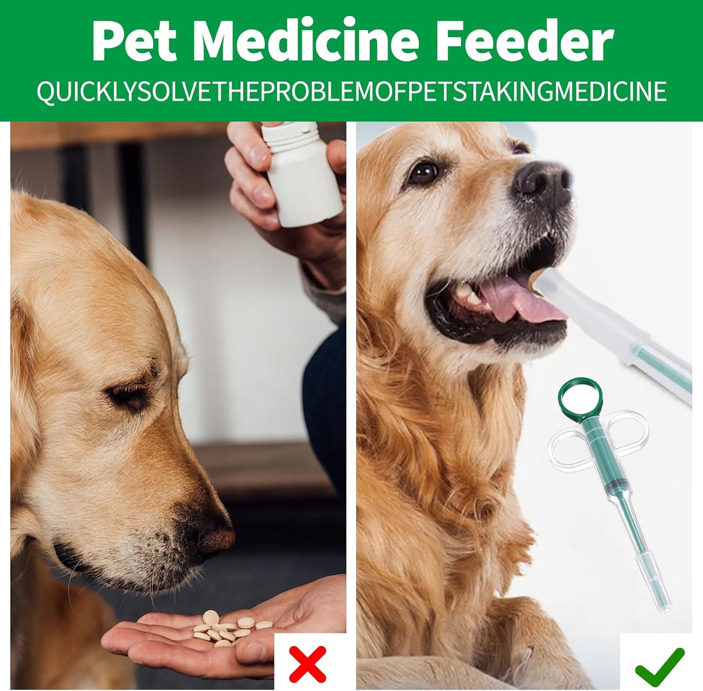 Two-piece set with pet pill poppers, cat pill poppers and cat pill dispensers. Reusable cat pill poppers. Green pill poppers with soft tips for safety and reliability. Handy for both cats and dogs.