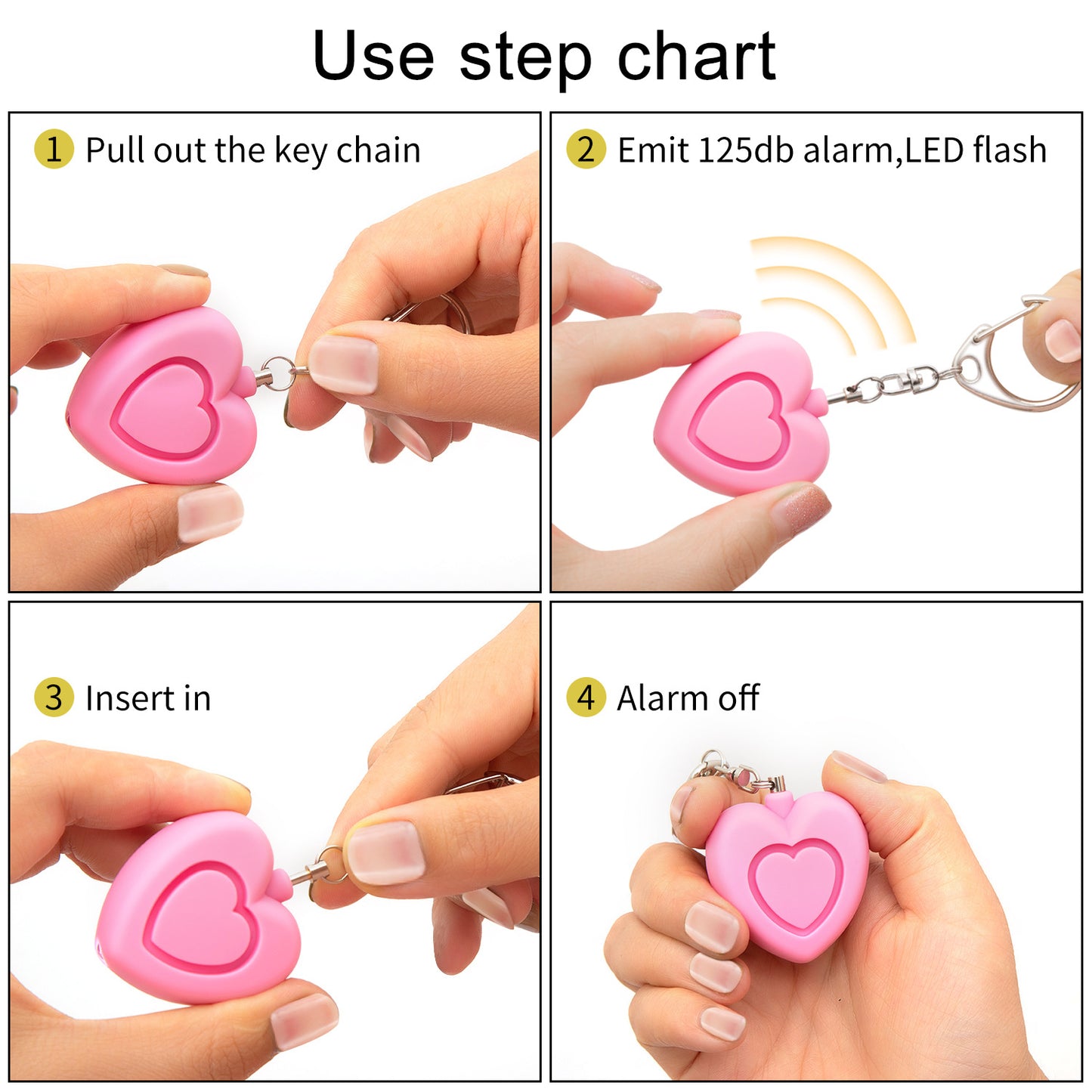 Personal alarm - 125dB - Heart-shaped - Protection device - with light - Keychain - for girls, women, children, the elderly, walking, traveling, parking, at night