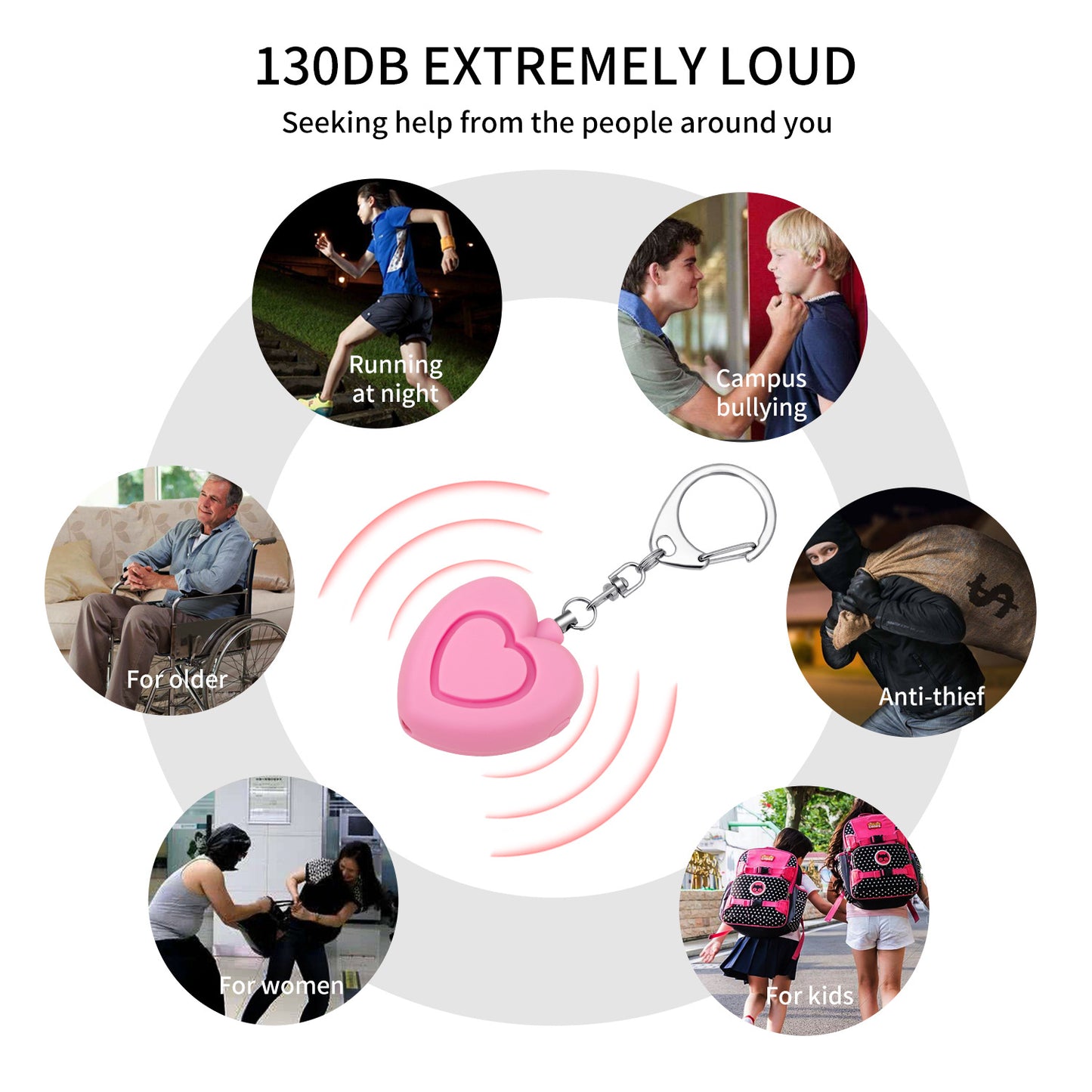Personal alarm - 125dB - Heart-shaped - Protection device - with light - Keychain - for girls, women, children, the elderly, walking, traveling, parking, at night