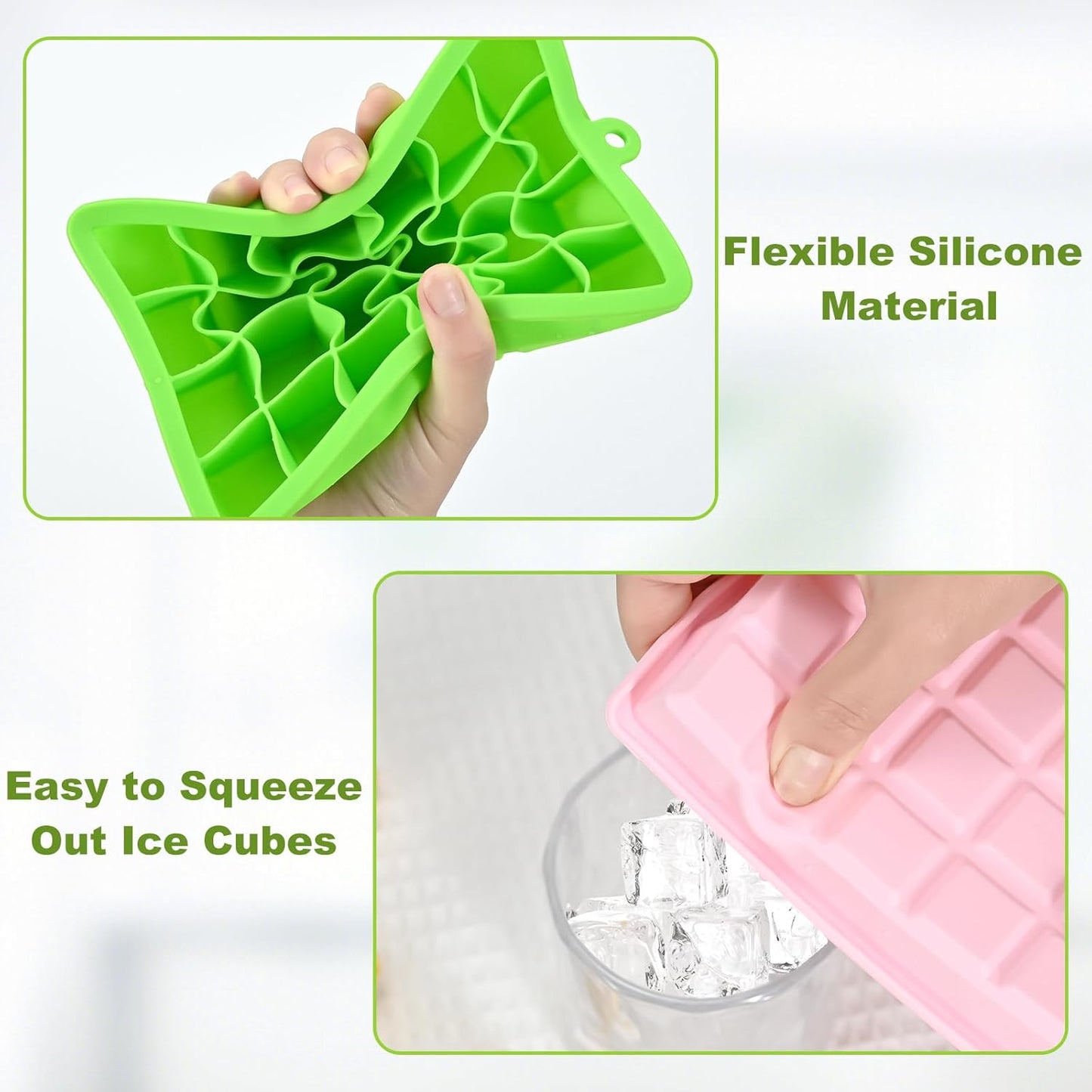Silicone ice cube trays, flexible ice cube molds with removable lids, set of 2 ice cube trays, 24 ice cube molds per tray, suitable for whisky (pack of 2) (pink + green)