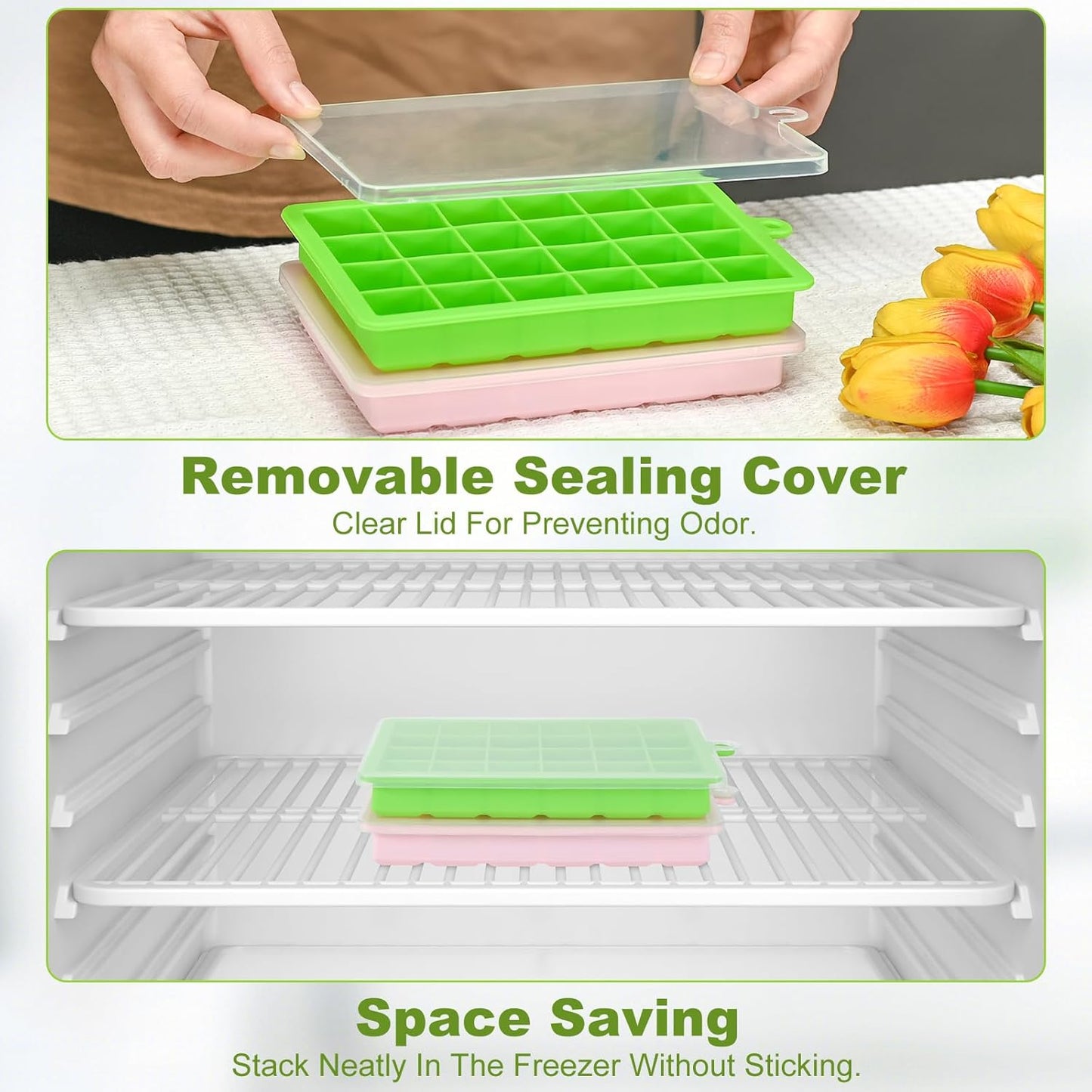 Silicone ice cube trays, flexible ice cube molds with removable lids, set of 2 ice cube trays, 24 ice cube molds per tray, suitable for whisky (pack of 2) (pink + green)