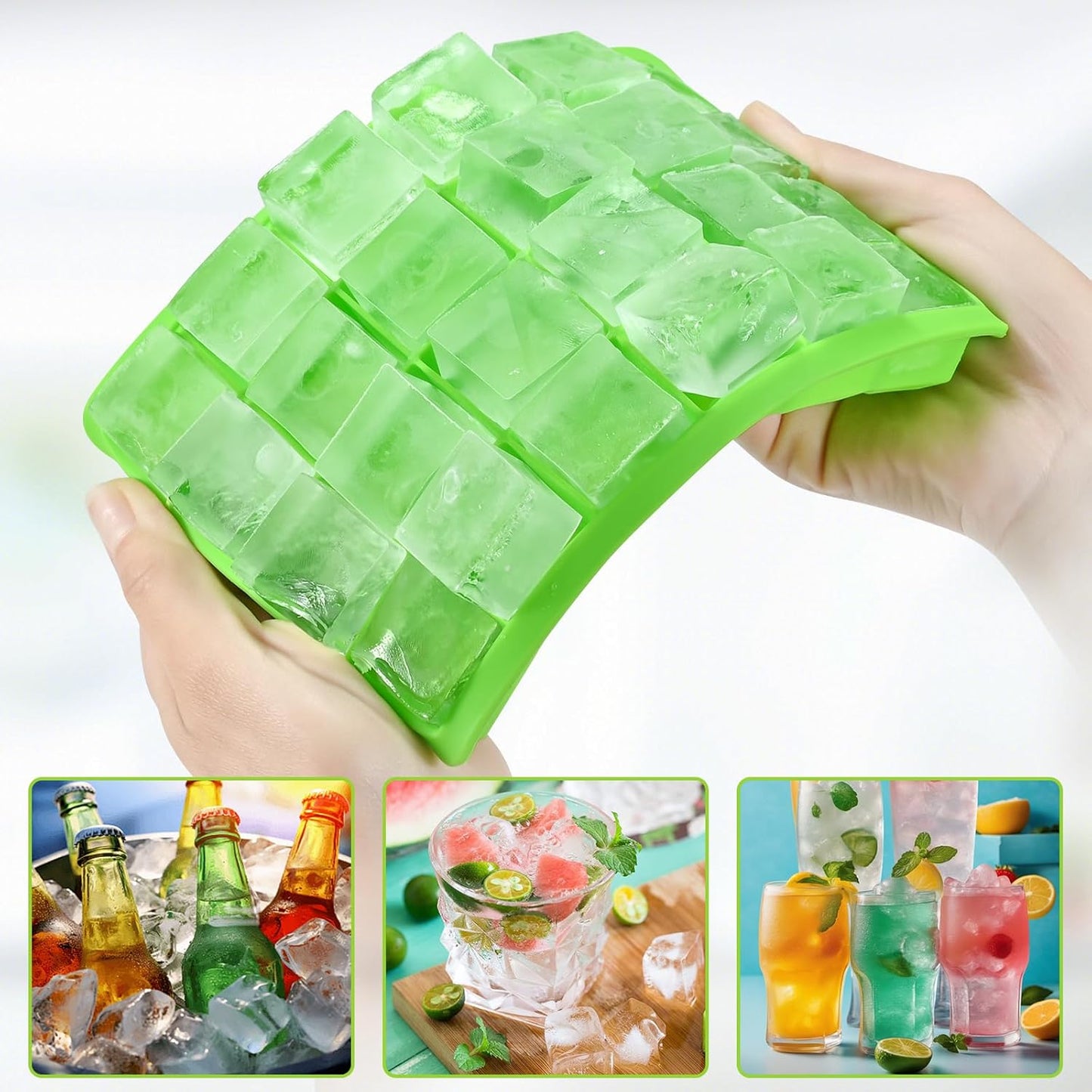 Silicone ice cube trays, flexible ice cube molds with removable lids, set of 2 ice cube trays, 24 ice cube molds per tray, suitable for whisky (pack of 2) (pink + green)