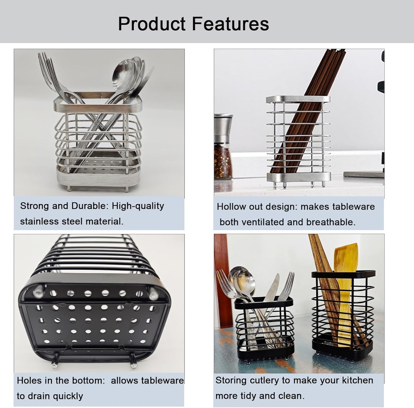 Kitchen utensil holder, stainless steel cutlery rack, sink holder, stainless steel sink organizer, kitchen utensil cutlery holder (black)