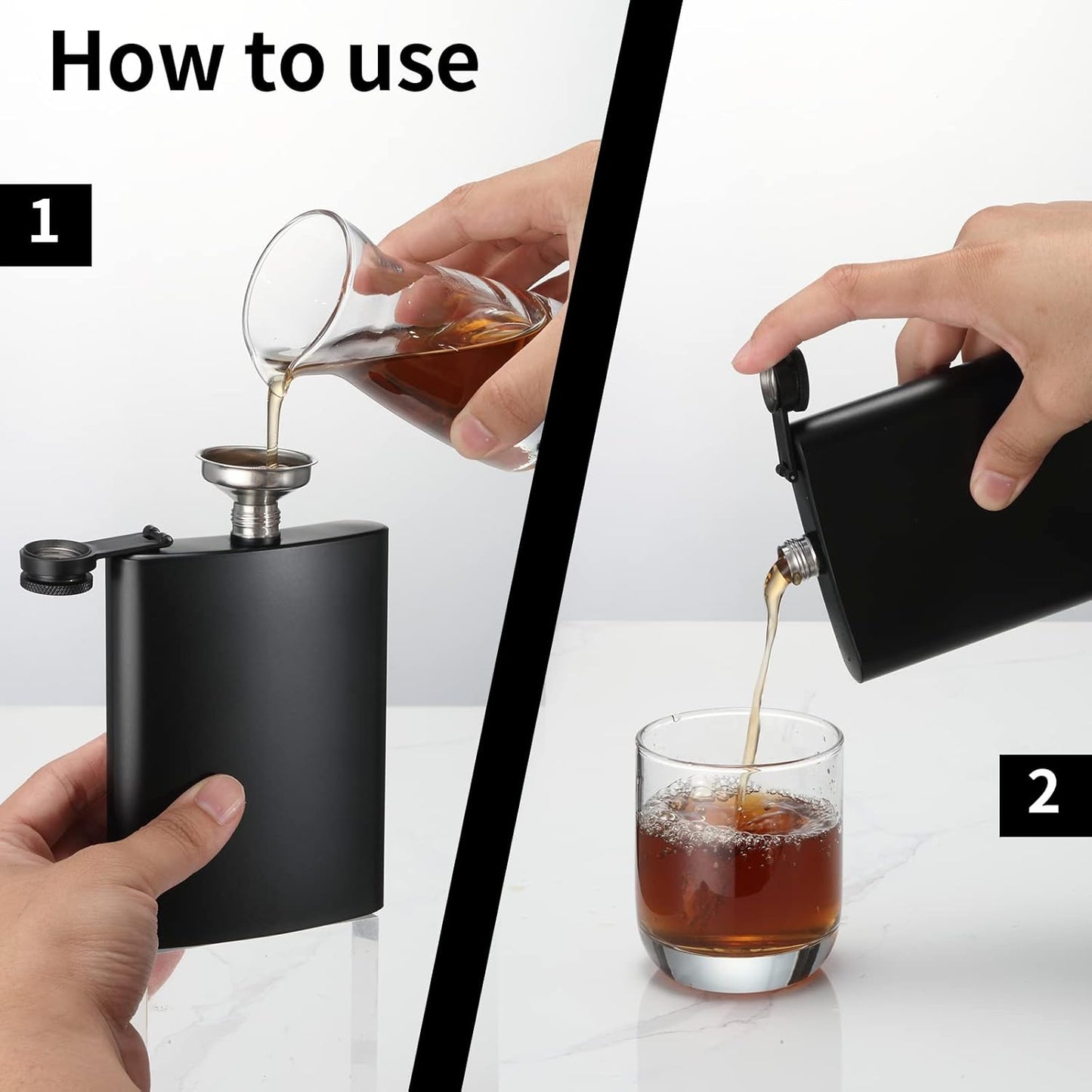 2-pack hip flasks, 8oz and 12oz stainless steel leak-proof slim hip flasks with funnel for men and women (matte black)