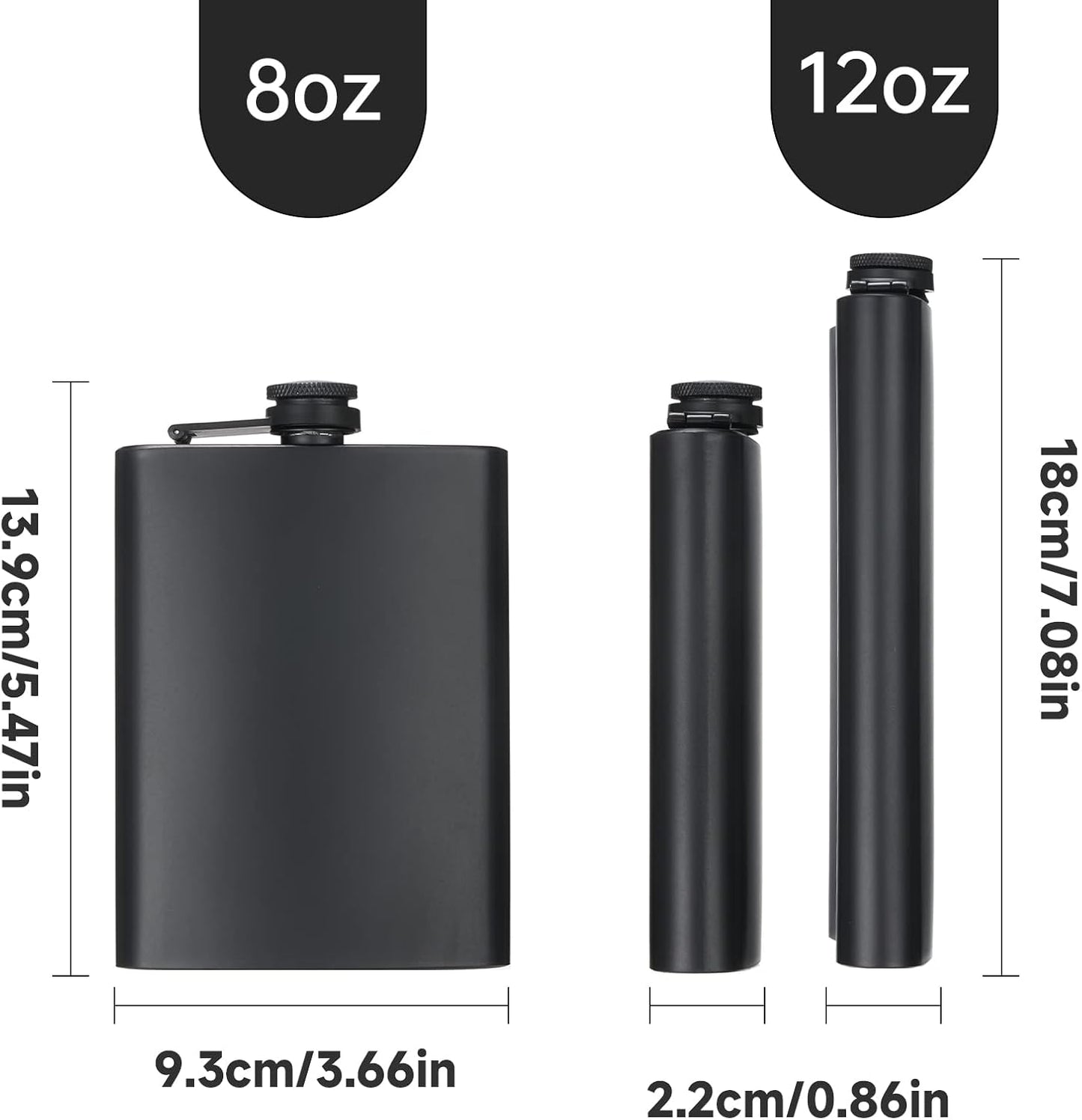 2-pack hip flasks, 8oz and 12oz stainless steel leak-proof slim hip flasks with funnel for men and women (matte black)