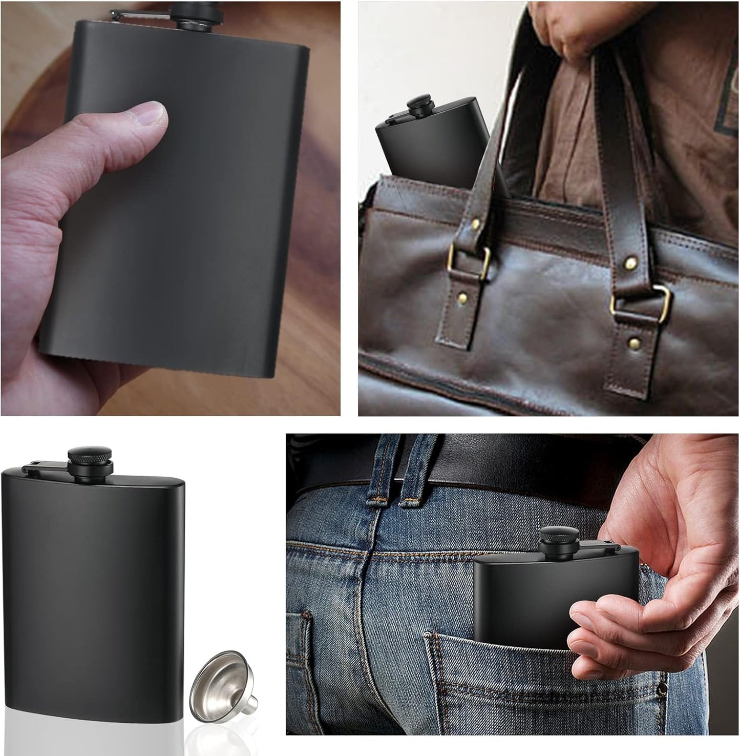 2-pack hip flasks, 8oz and 12oz stainless steel leak-proof slim hip flasks with funnel for men and women (matte black)