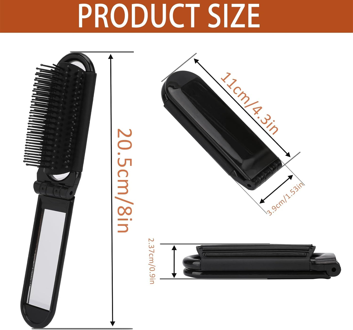 2 pieces of foldable hairbrush - portable travel hairbrush with pocket-sized mirror, anti-static mini hairbrush - small compact massage comb, hair styling tool - for women, girls, home, travel, gym, purse (black)