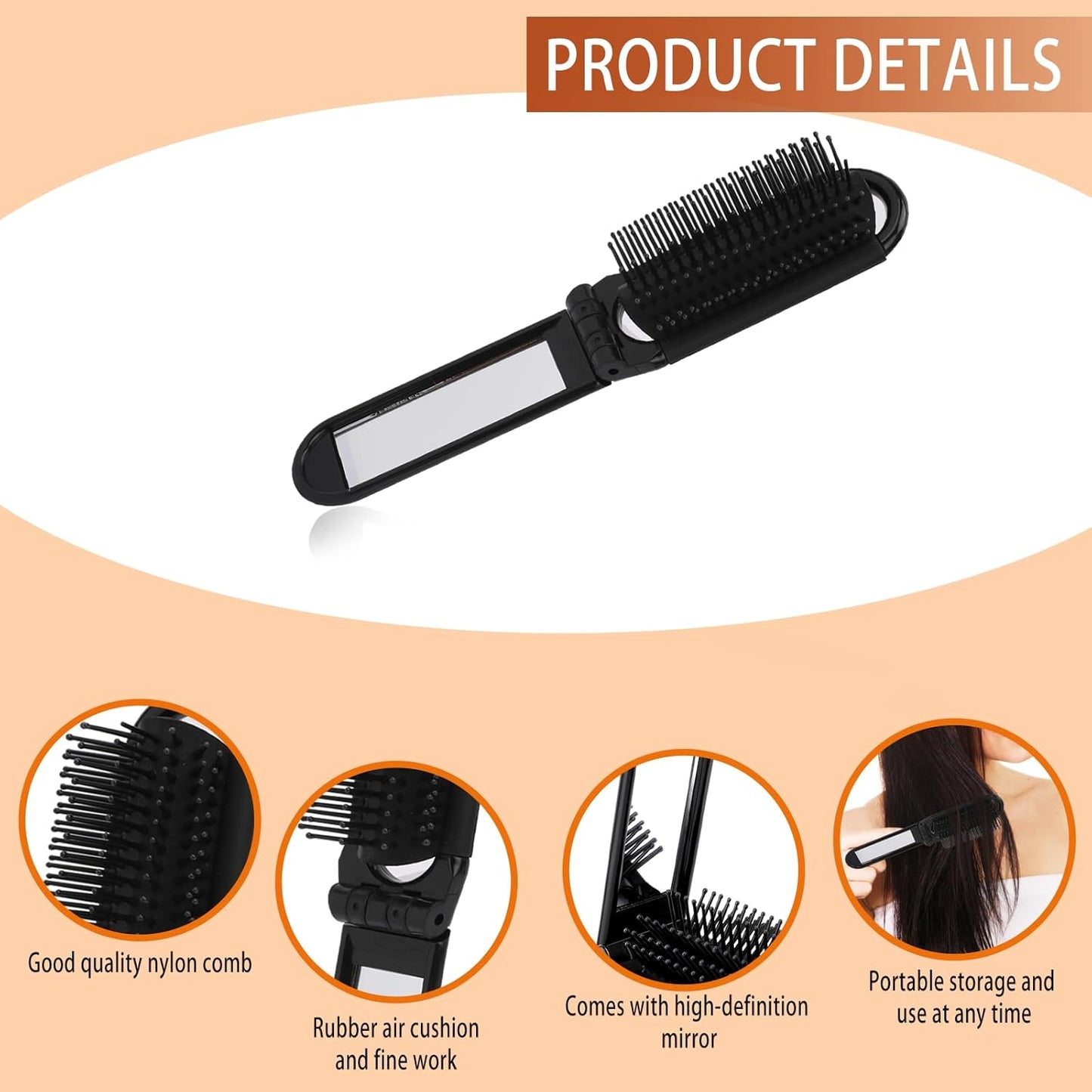 2 pieces of foldable hairbrush - portable travel hairbrush with pocket-sized mirror, anti-static mini hairbrush - small compact massage comb, hair styling tool - for women, girls, home, travel, gym, purse (black)
