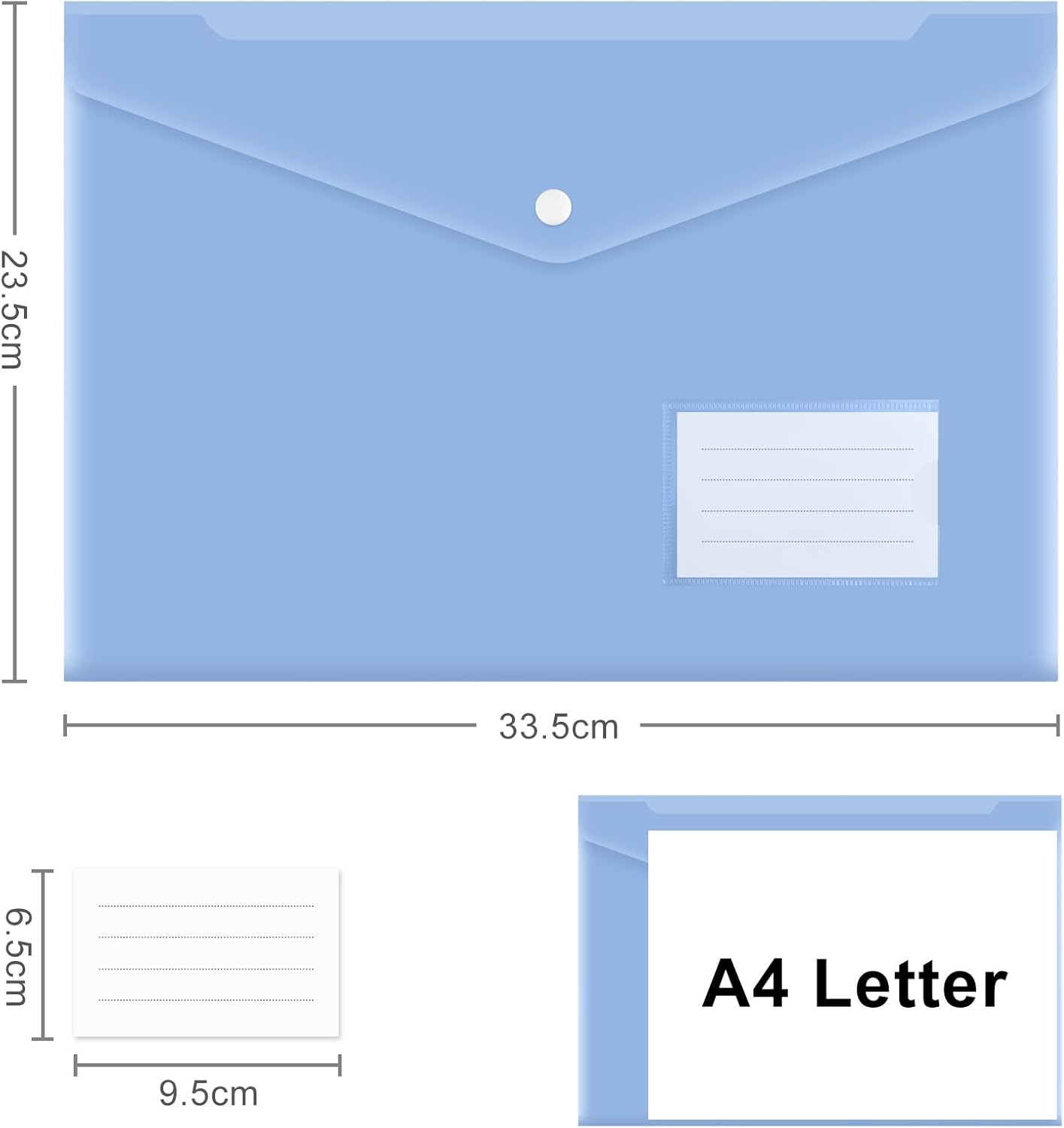 10 pieces of A4 plastic envelope folders, transparent envelopes with press studs, A4 folders with label pockets for school, homework and office, 5 colours