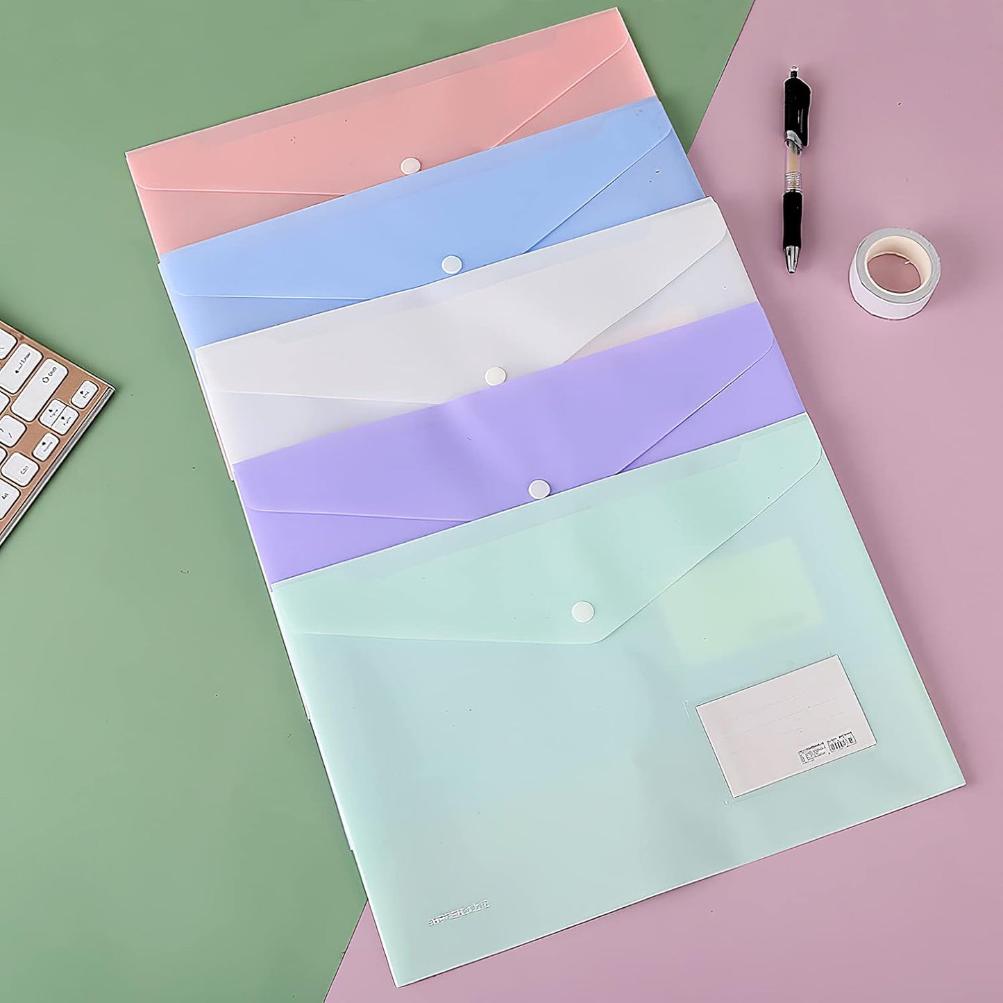 10 pieces of A4 plastic envelope folders, transparent envelopes with press studs, A4 folders with label pockets for school, homework and office, 5 colours