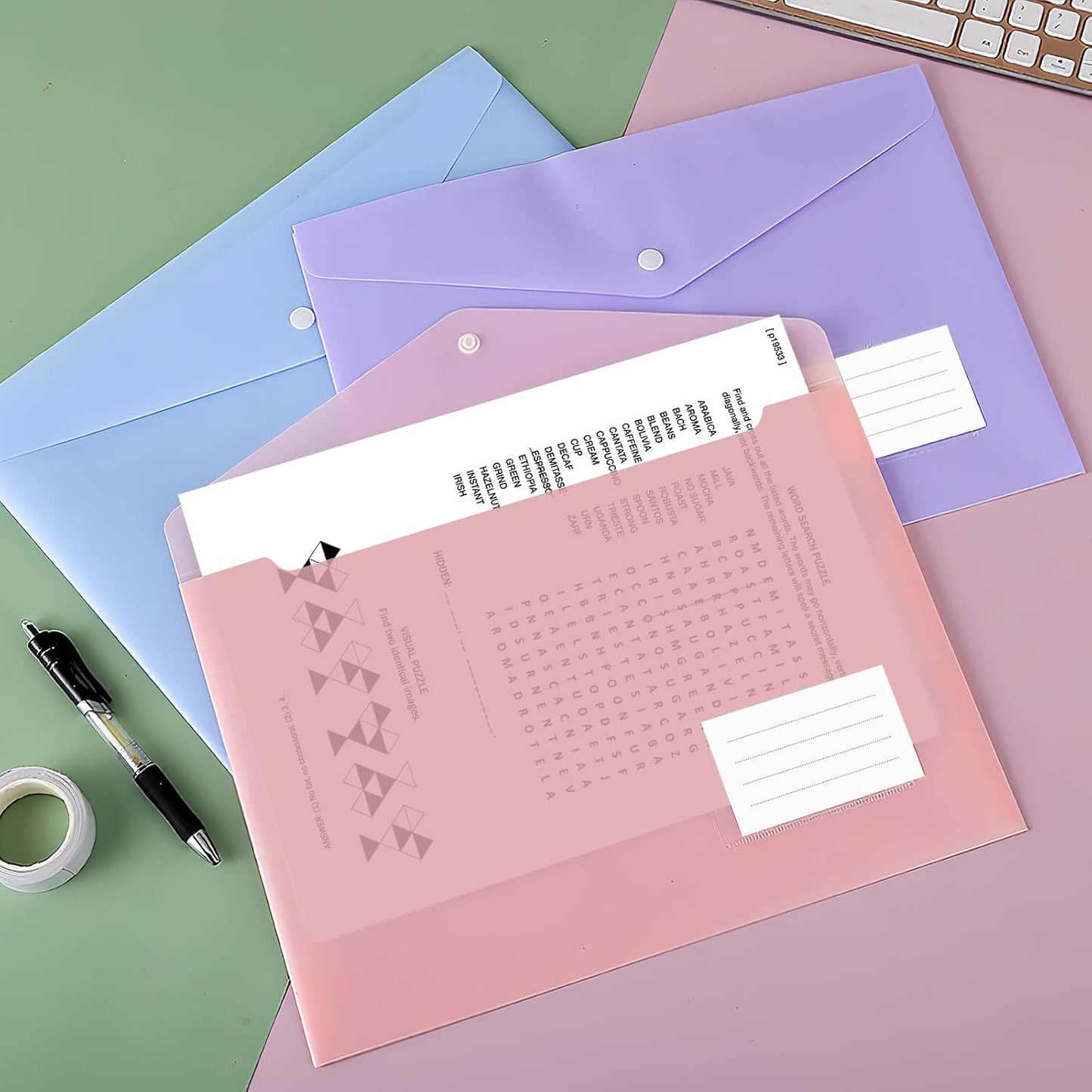 10 pieces of A4 plastic envelope folders, transparent envelopes with press studs, A4 folders with label pockets for school, homework and office, 5 colours