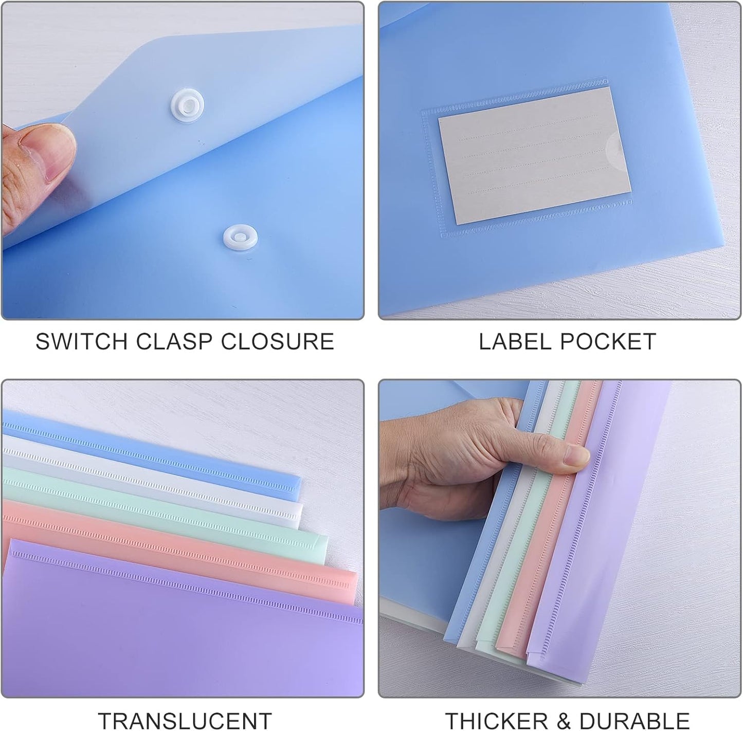 10 pieces of A4 plastic envelope folders, transparent envelopes with press studs, A4 folders with label pockets for school, homework and office, 5 colours