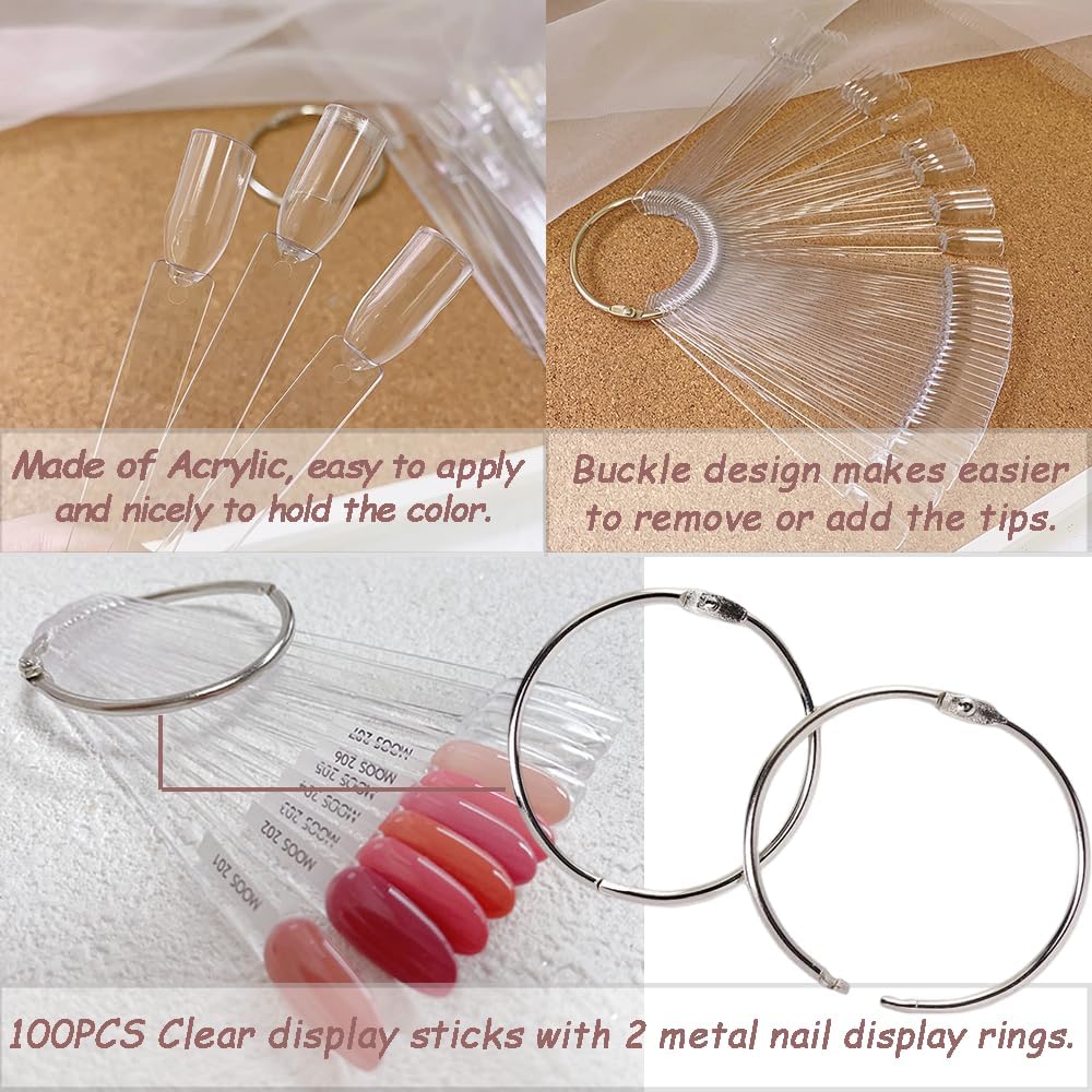 100 transparent nail sticks in fan shape, nail polish sticks, nail display sticks, transparent plastic pointed color sticks with metal ring for salons and beginners