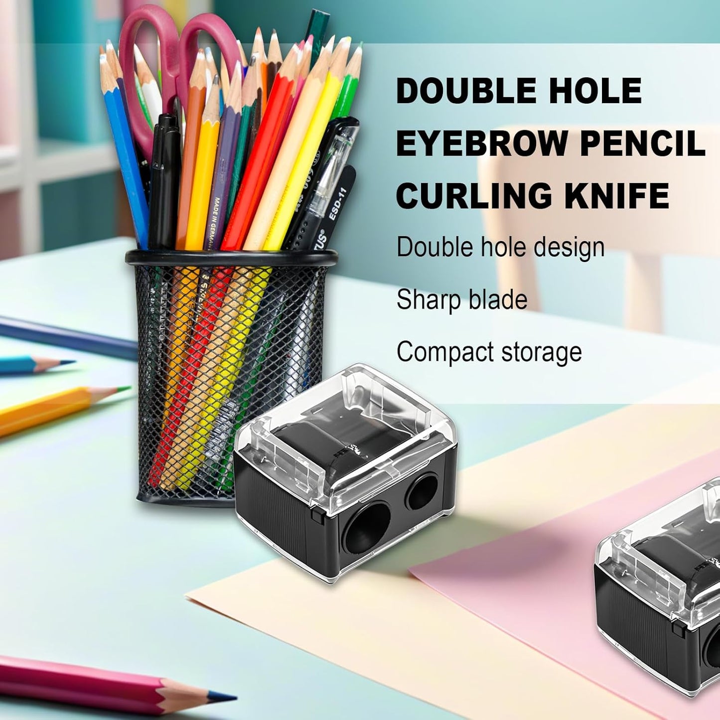 2-piece eyeliner pencil sharpener, makeup pencil sharpener with 2 holes, compact eyebrow pencil sharpener for different sizes of eyebrow pencils, eyeliner pencils, lip liners, etc., easy to clean (black)