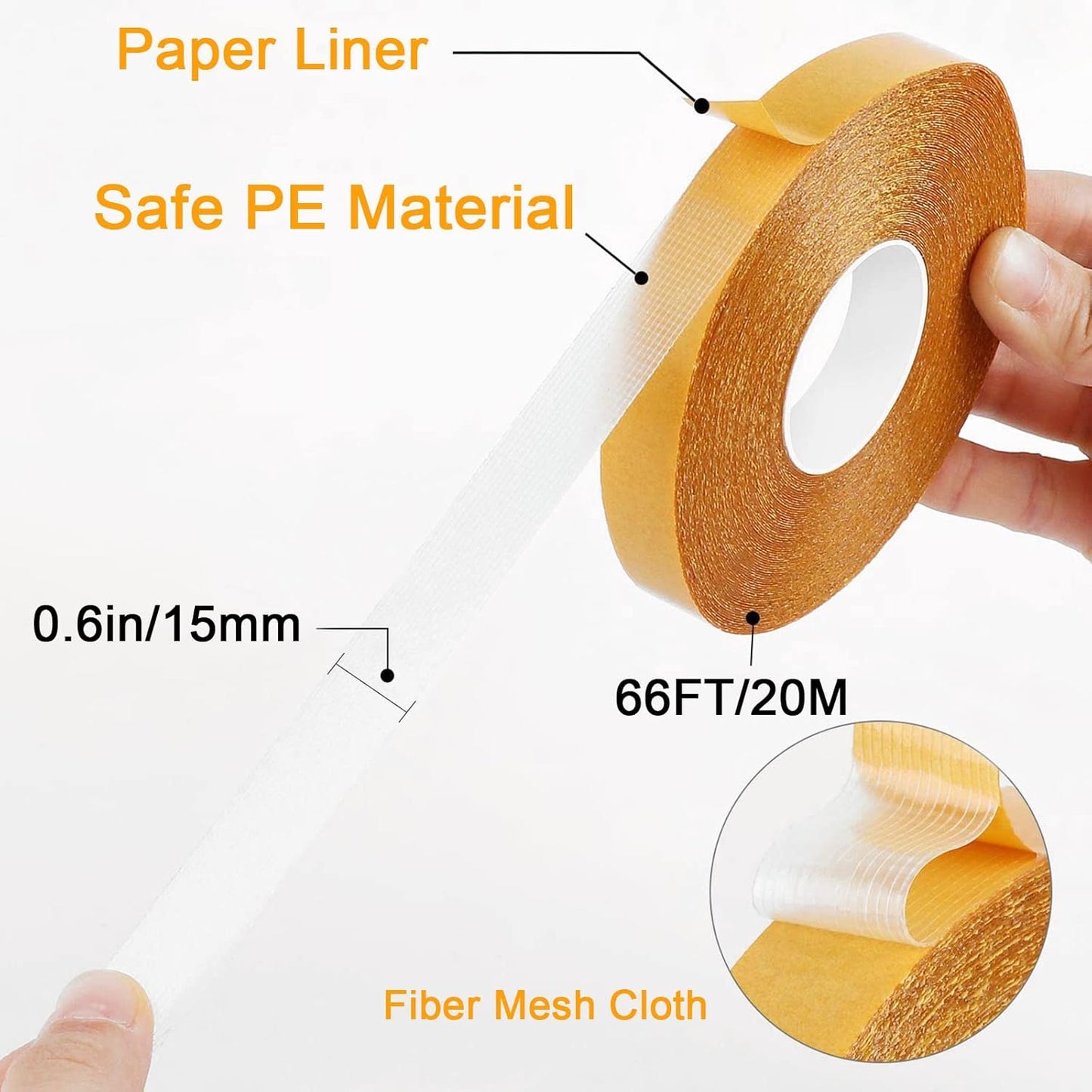 Rol 0.6" x 66' double-sided, strong super sticky fabric tape - clear adhesive for carpet, walls, floors, rugs, craft supplies - wide mounting (2 rolls)