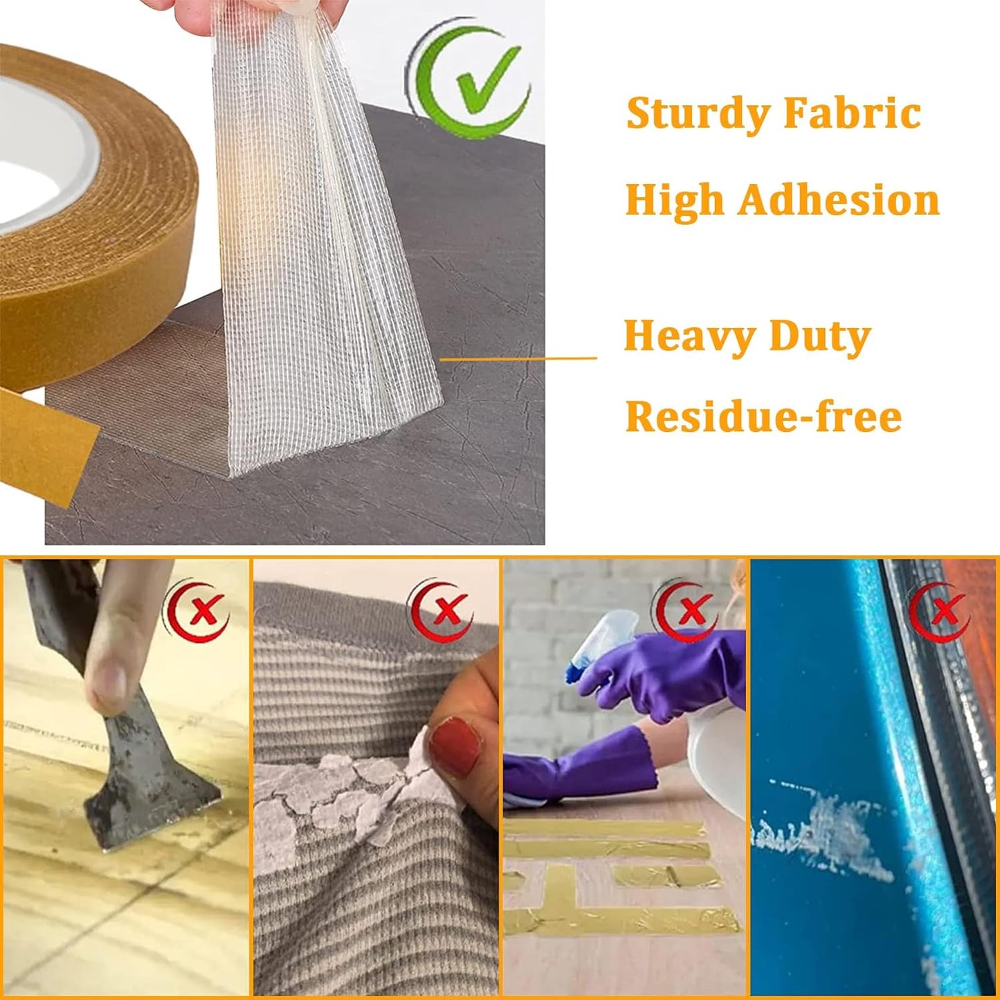 Rol 0.6" x 66' double-sided, strong super sticky fabric tape - clear adhesive for carpet, walls, floors, rugs, craft supplies - wide mounting (2 rolls)