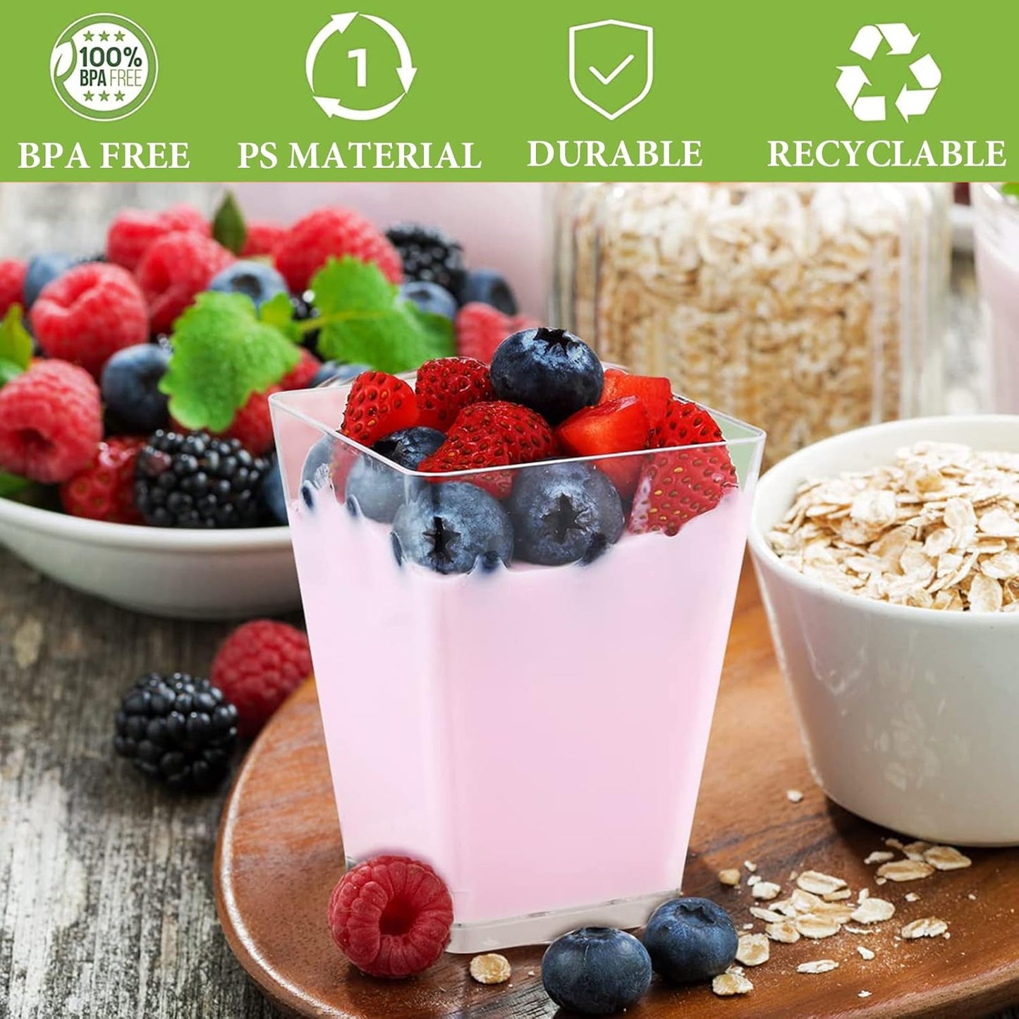 Mini dessert cups (with spoon) 50 pieces reusable- transparent- square plastic dessert cups- cheesecake pots- multifunctional dessert bowls for mousse pudding- dessert party supplies