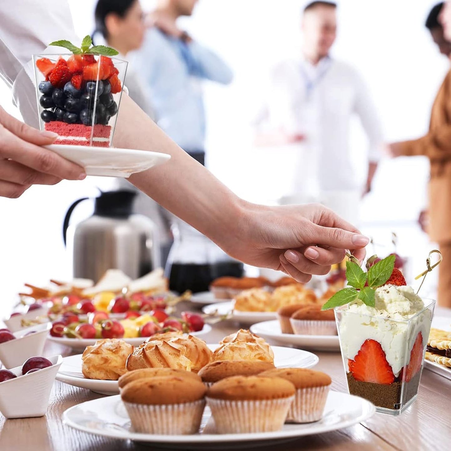 Mini dessert cups (with spoon) 50 pieces reusable- transparent- square plastic dessert cups- cheesecake pots- multifunctional dessert bowls for mousse pudding- dessert party supplies