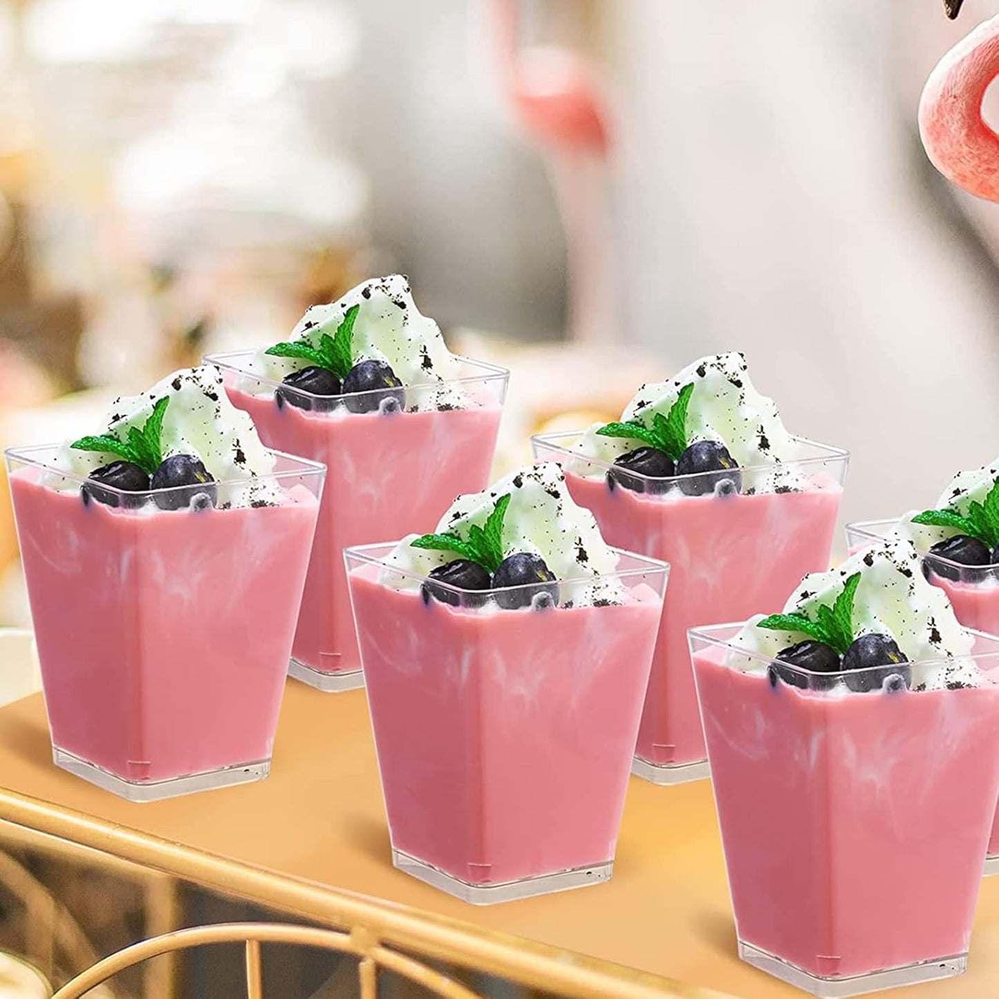 Mini dessert cups (with spoon) 50 pieces reusable- transparent- square plastic dessert cups- cheesecake pots- multifunctional dessert bowls for mousse pudding- dessert party supplies